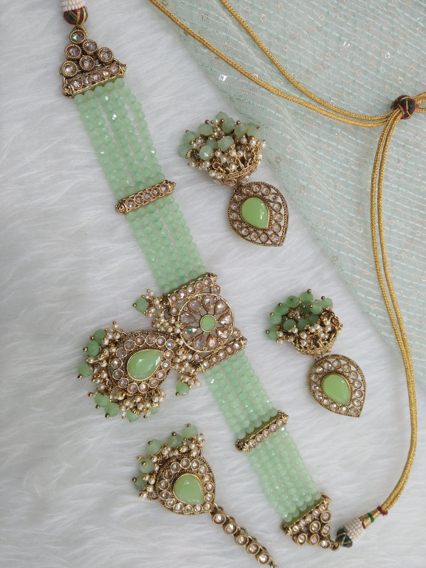 Indian Jewellery/Dark gold pastel green choker choose set