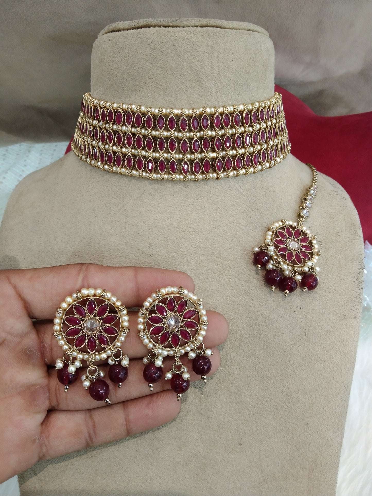 Indian Jewellery/Dark gold ruby choker Set/Indian Jewellery norfolk Set