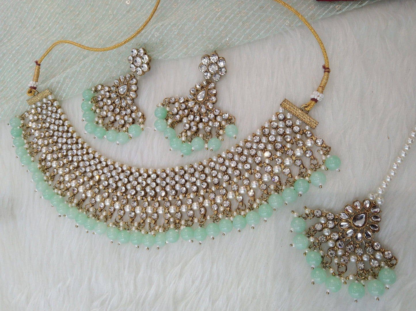 Indian Jewellery/Bridal gold pastel green bride Jewellery Necklace noun Set