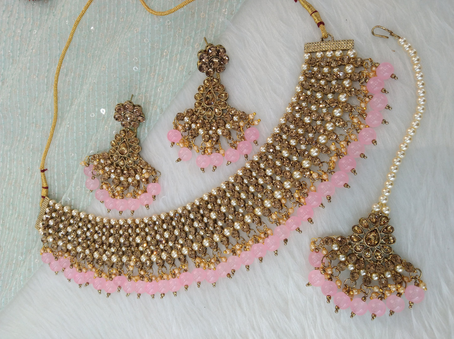 Indian Jewellery/Bridal dark gold pink bride Jewellery Necklace noun Set