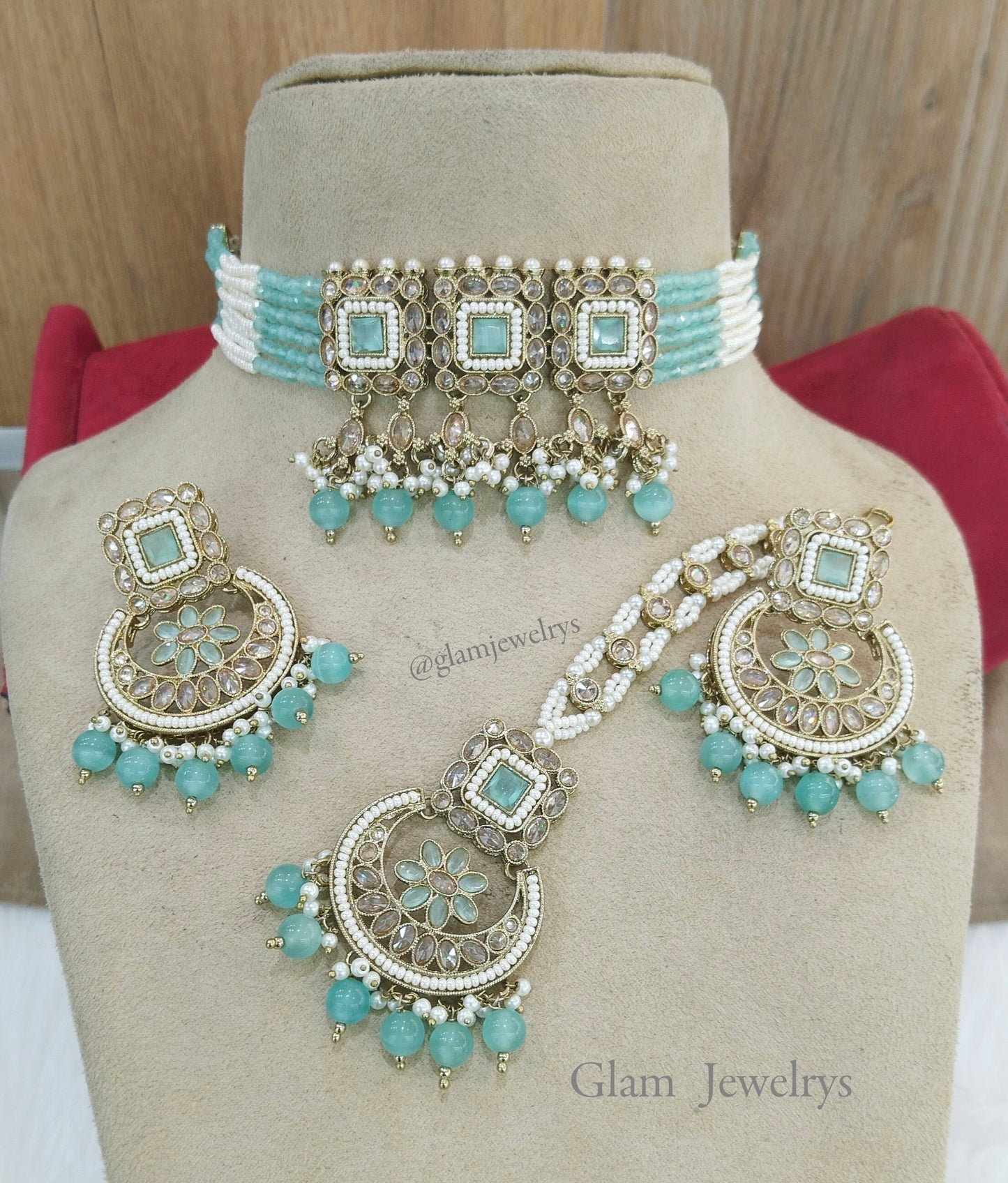 Choker Jewellery Set Dark gold choker Set/ dark gold seagreen Indian Bridesmaid moscow Jewellery