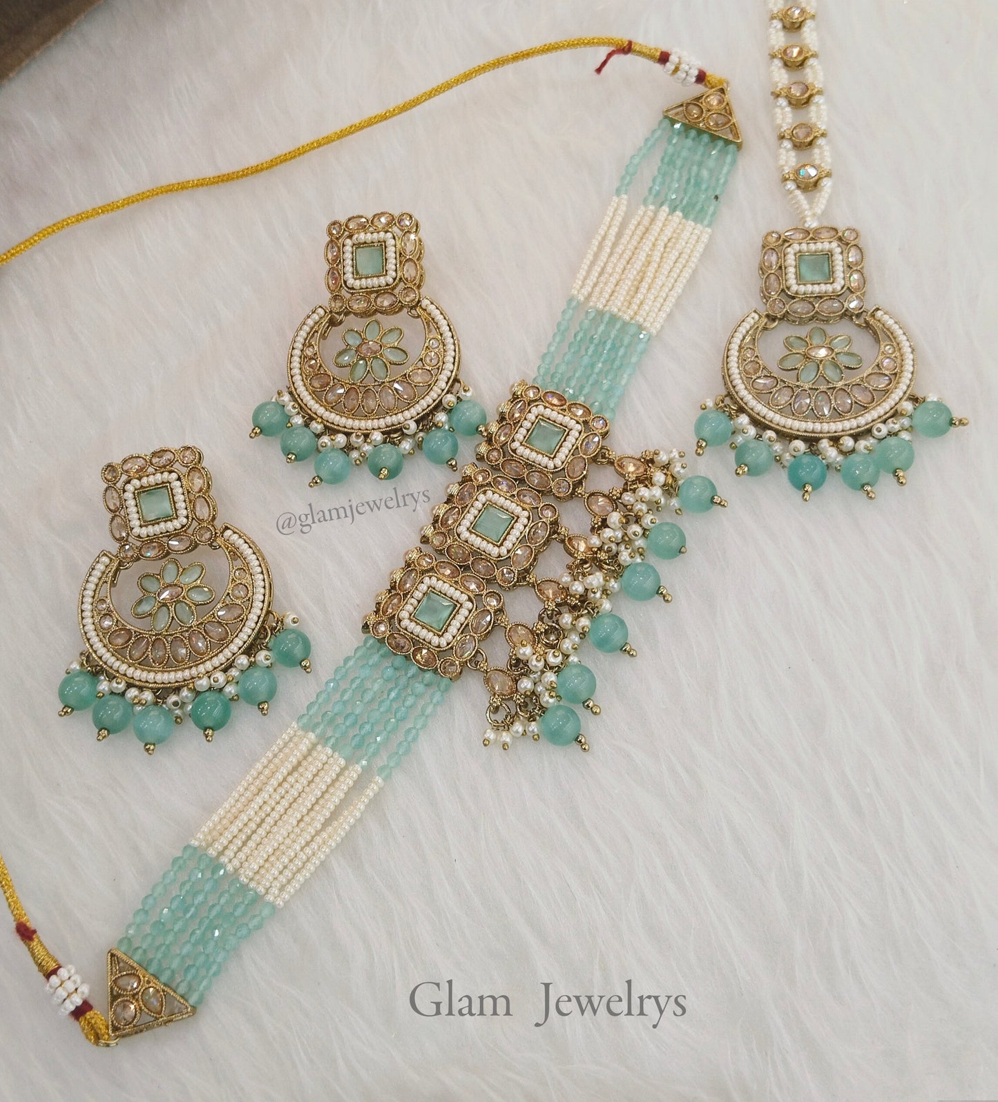 Choker Jewellery Set Dark gold choker Set/ dark gold seagreen Indian Bridesmaid moscow Jewellery