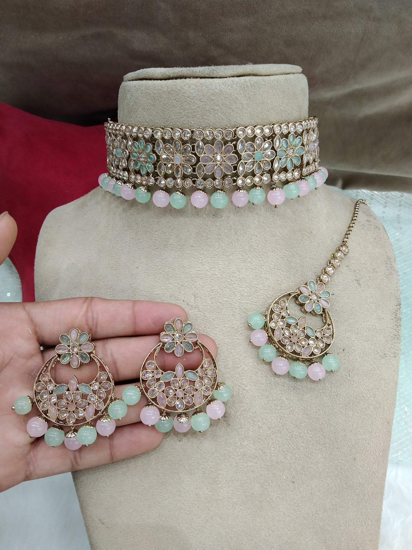 Choker Set/ Dark Gold Mint pink choker Indian Bridesmaid rostov Jewellery