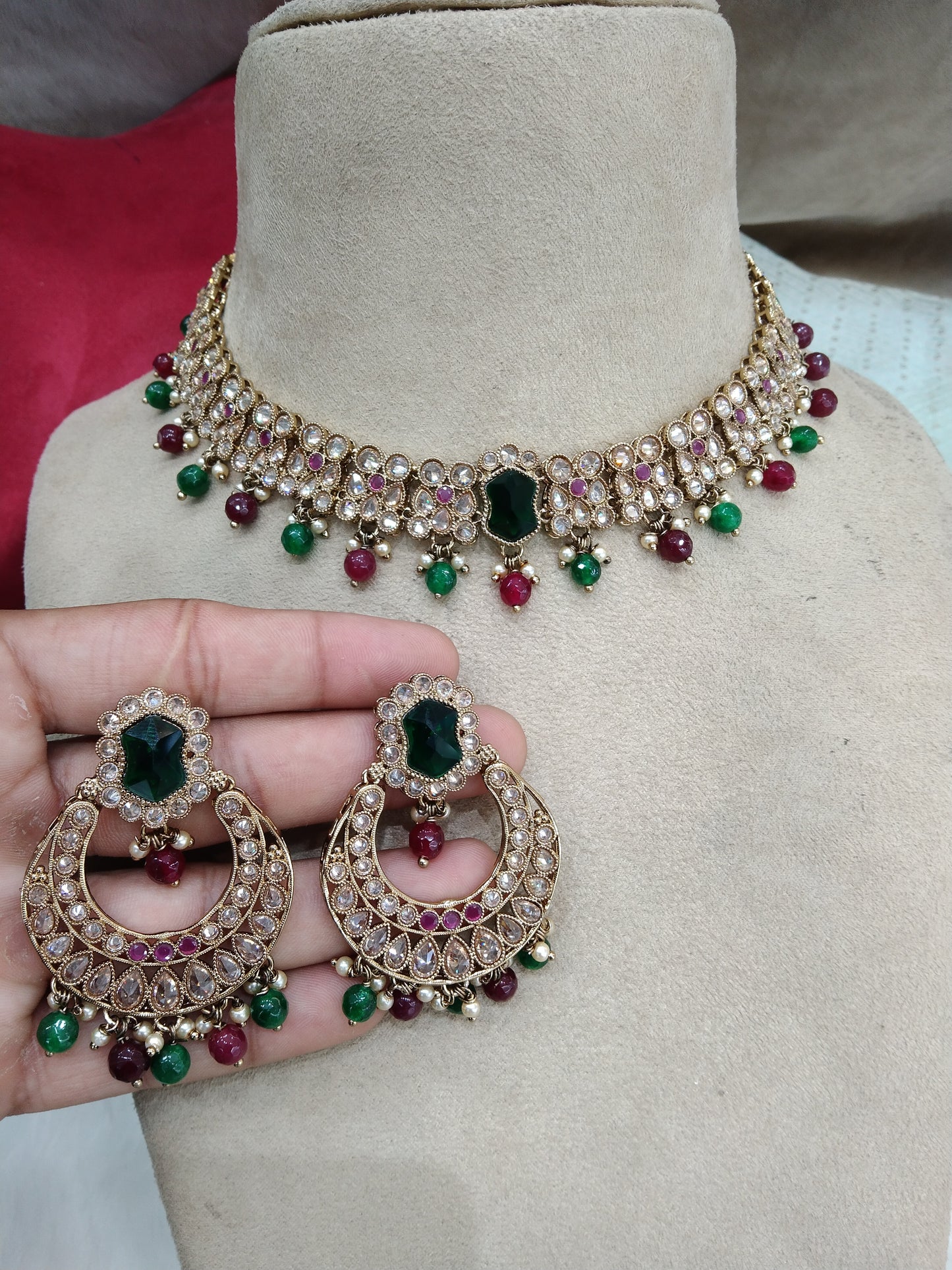 Antique Gold Green Necklace Jewellery Set/ dark gold Indian Bridesmaid regina Jewellery Online