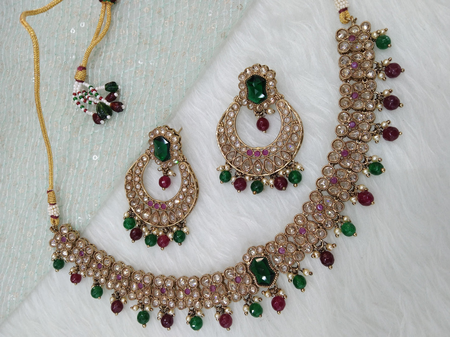 Antique Gold Green Necklace Jewellery Set/ dark gold Indian Bridesmaid regina Jewellery Online