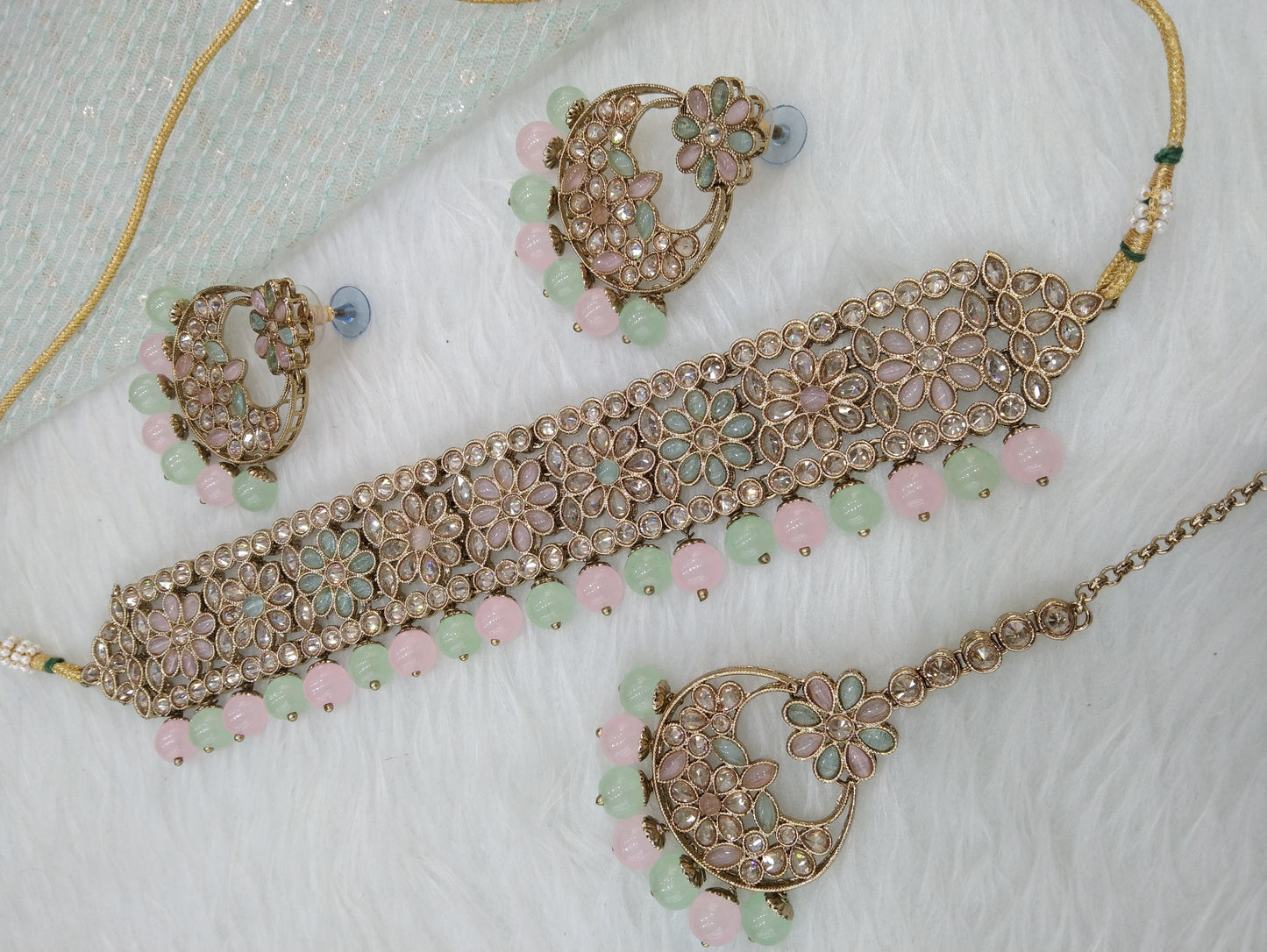 Choker Set/ Dark Gold Mint pink choker Indian Bridesmaid rostov Jewellery