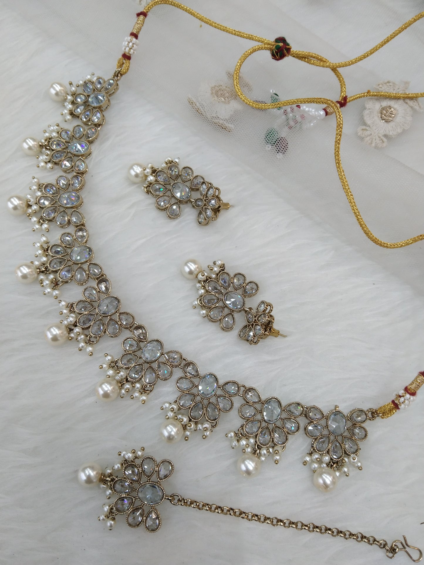 Antique Gold Clear Crystals Necklace Set/ dark gold Indian north Jewellery
