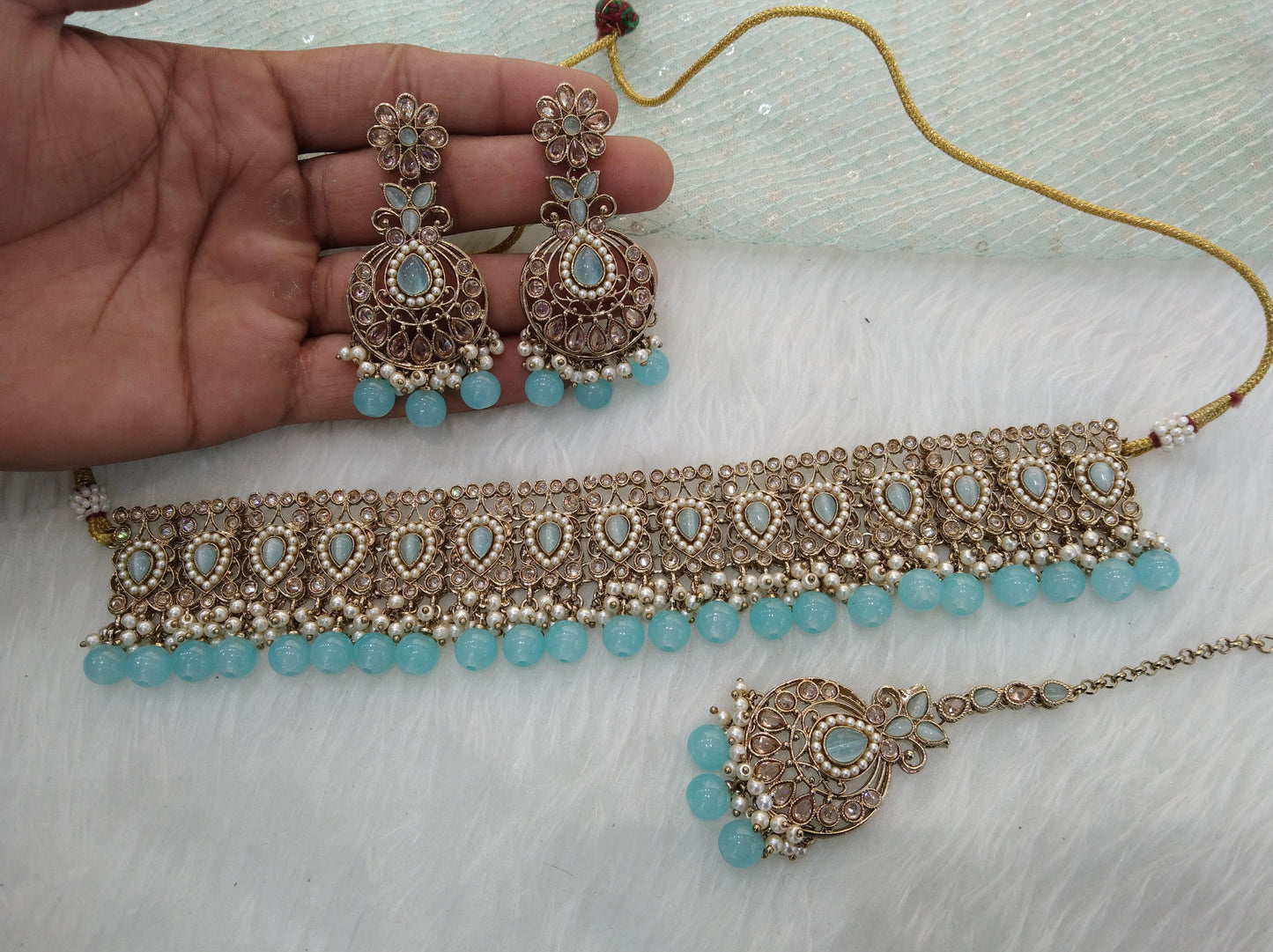 Choker set/ Dark gold sky blue choker winnipeg Jewellery