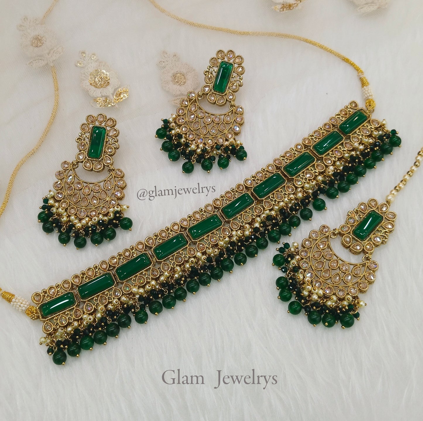 Jewelry Choker Set /Antique gold finish Jewellery set /Green choker set/ jewelry set
