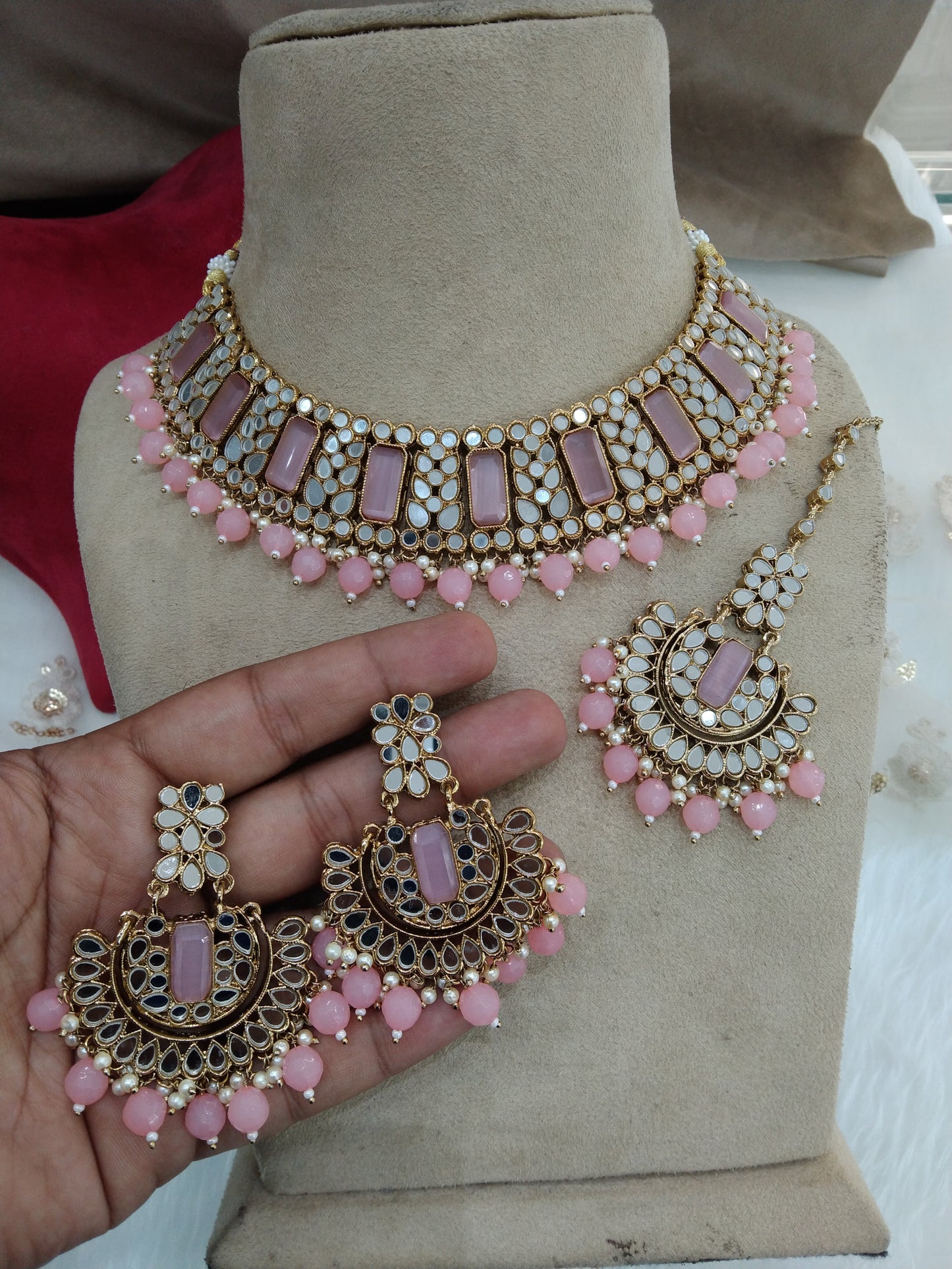 Indian Jewellery pink mirror Kundan necklace set