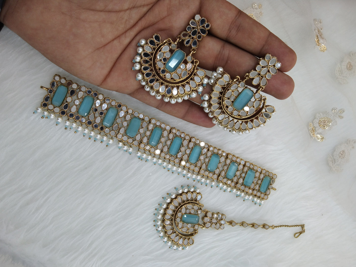 Indian Jewellery mirror Kundan sky blue choker Bridal Gold Finish choker Set