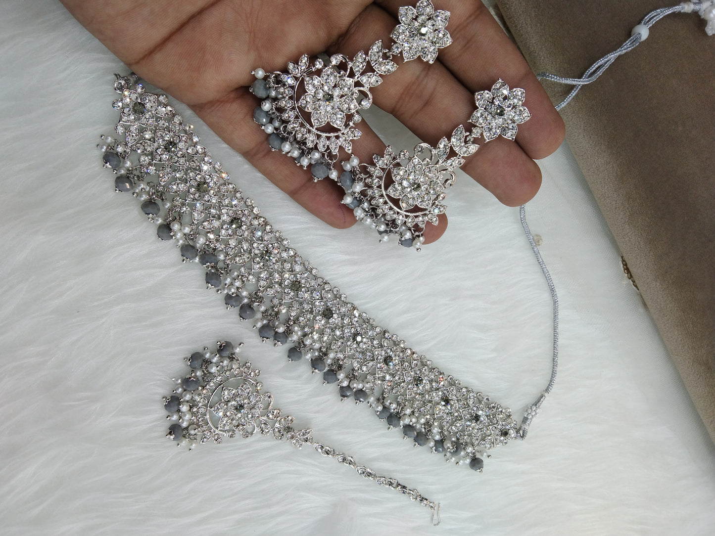 Choker Set Silver Grey Choker Set/ Bollywood Jewellery/Indian choker tesli necklace