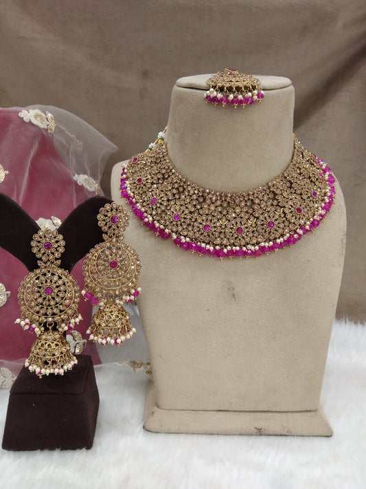 Indian   Jewellery/Dark gold dark pink semi bridal gold bride Jewellery darwin necklace set
