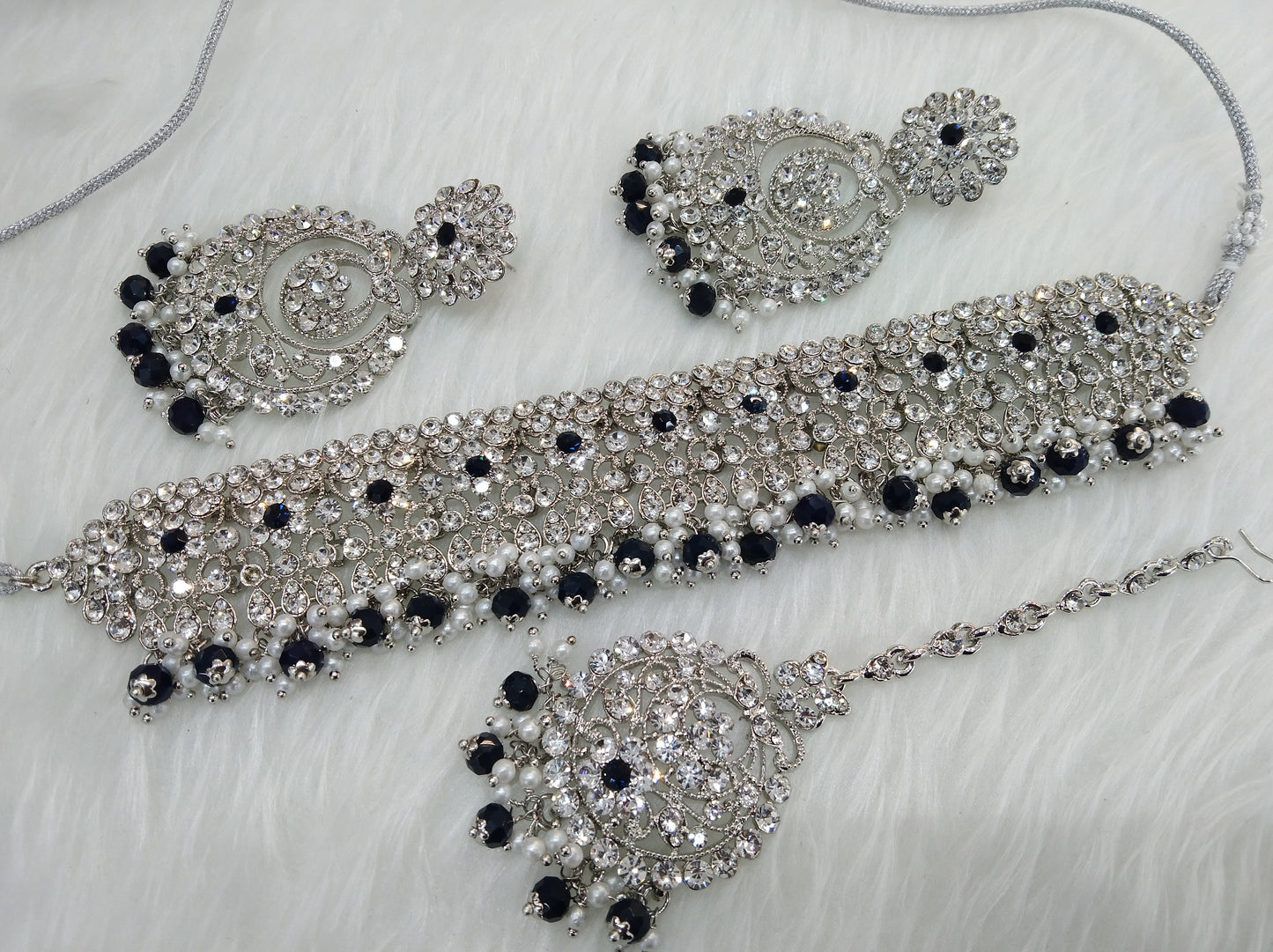 Indian Jewellery/ Silver blue semi bride jewellery choker set/Carlsbad choker Set