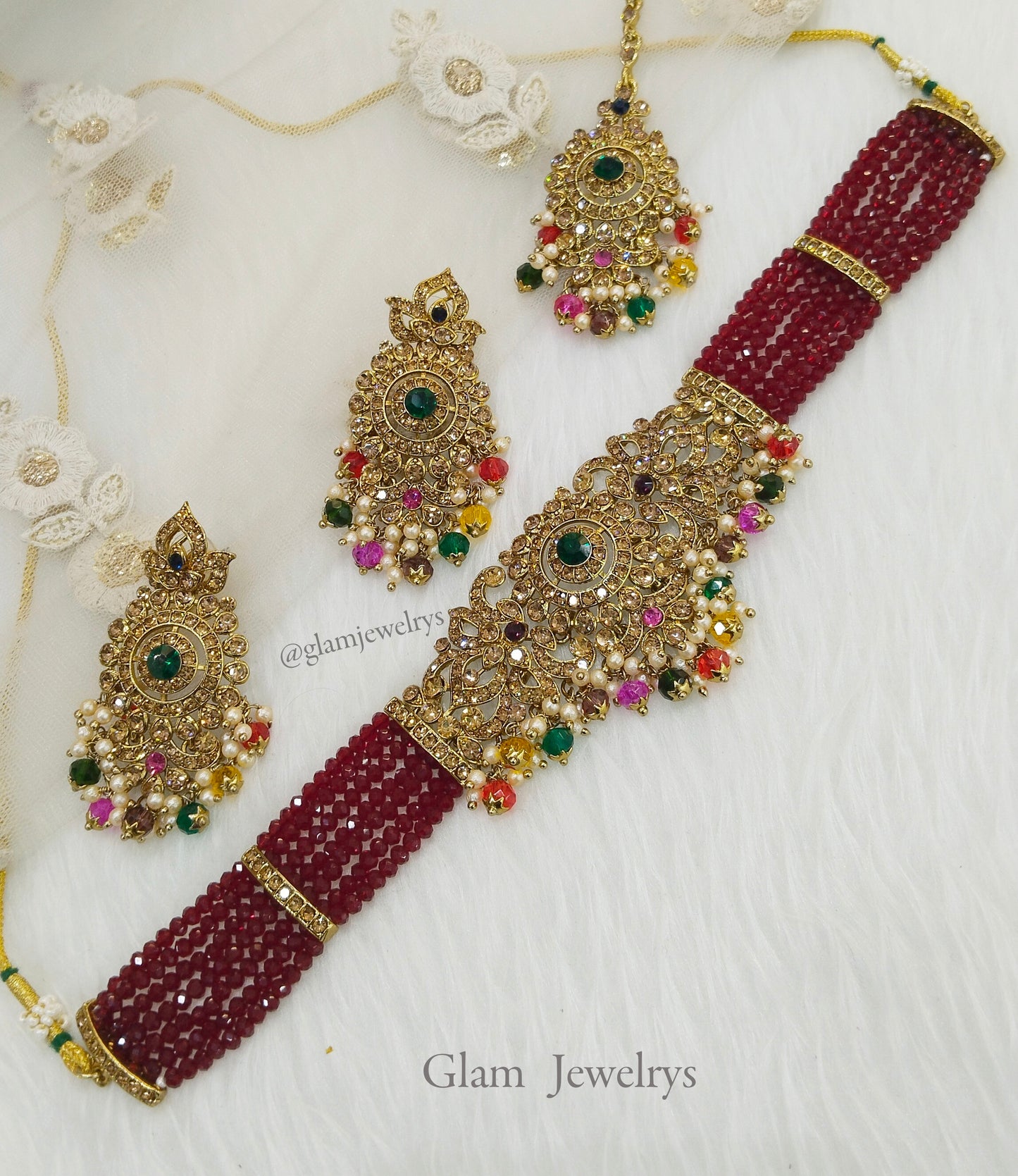 Indian Jewellery/Dark gold multicolor choker necklace Set /Choker necklace style gold necklace set wedding Imly Jewellery Set