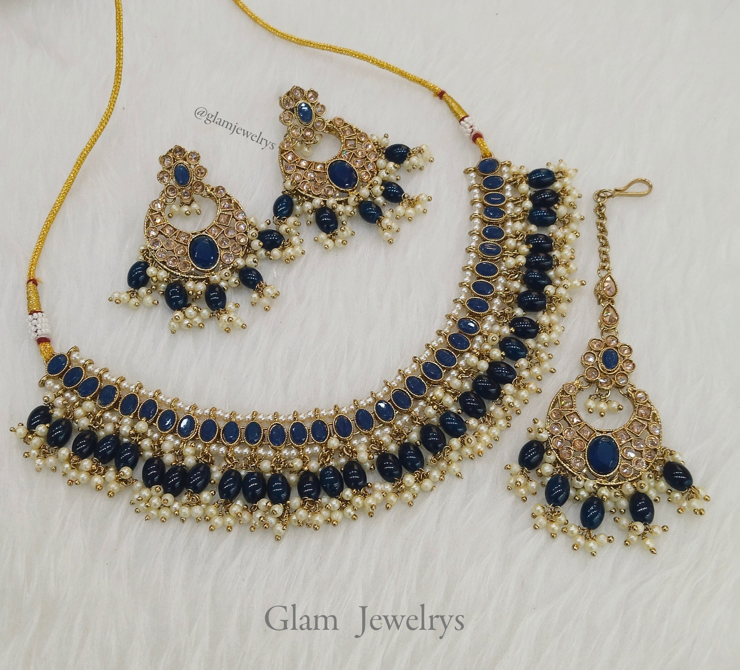 Antique Gold Choker Necklace Jewellery set/ dark gold blue choker Necklace Indian sira jewellery Online