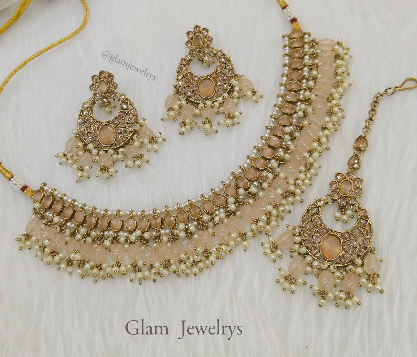 Antique Gold Choker Necklace Jewellery Set/ dark gold peach choker necklace Indian sira jewellery Online