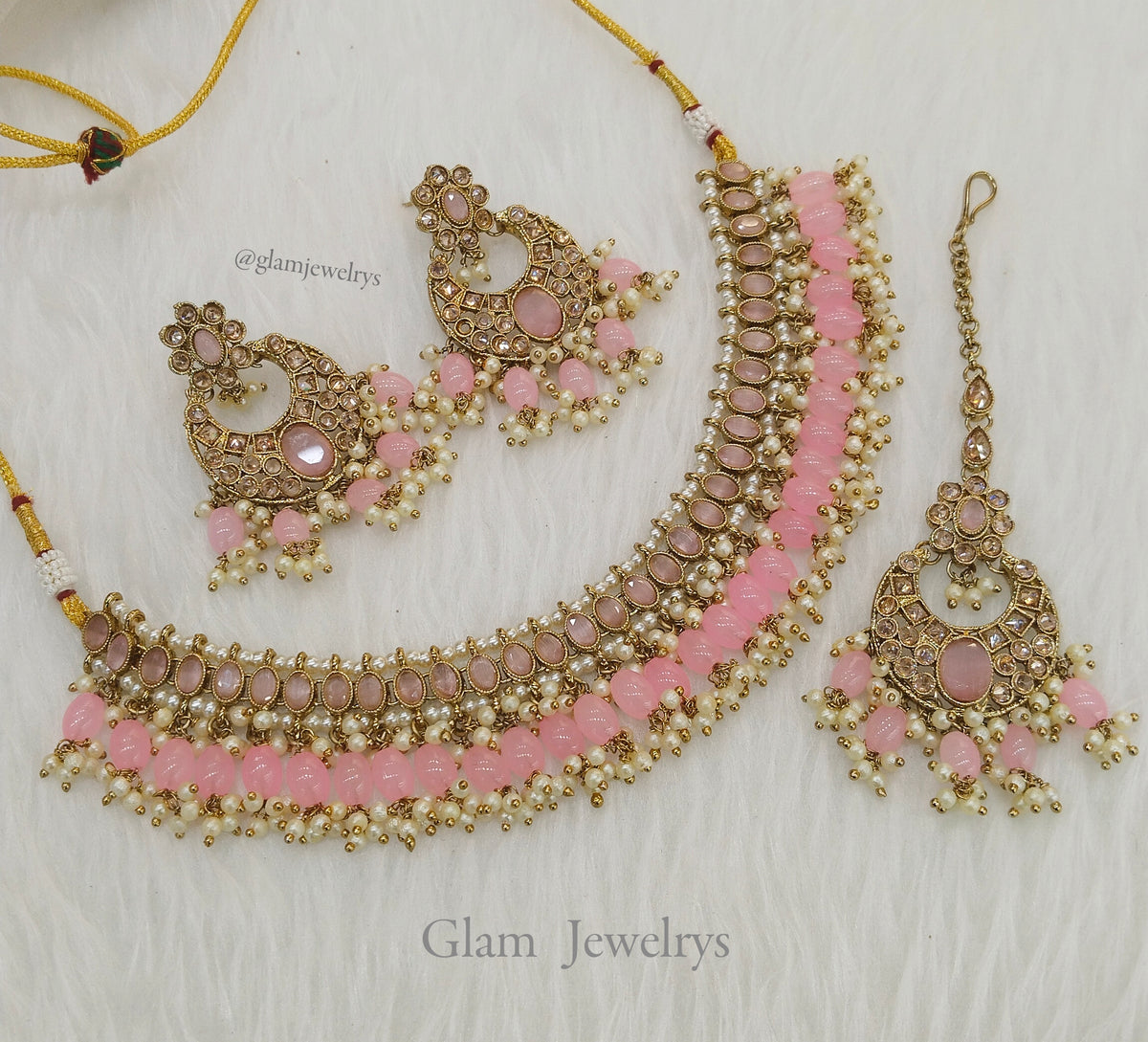 Antique Gold Choker Necklace Jewellery Set/ dark gold pink choker necklace Indian sira jewellery Online