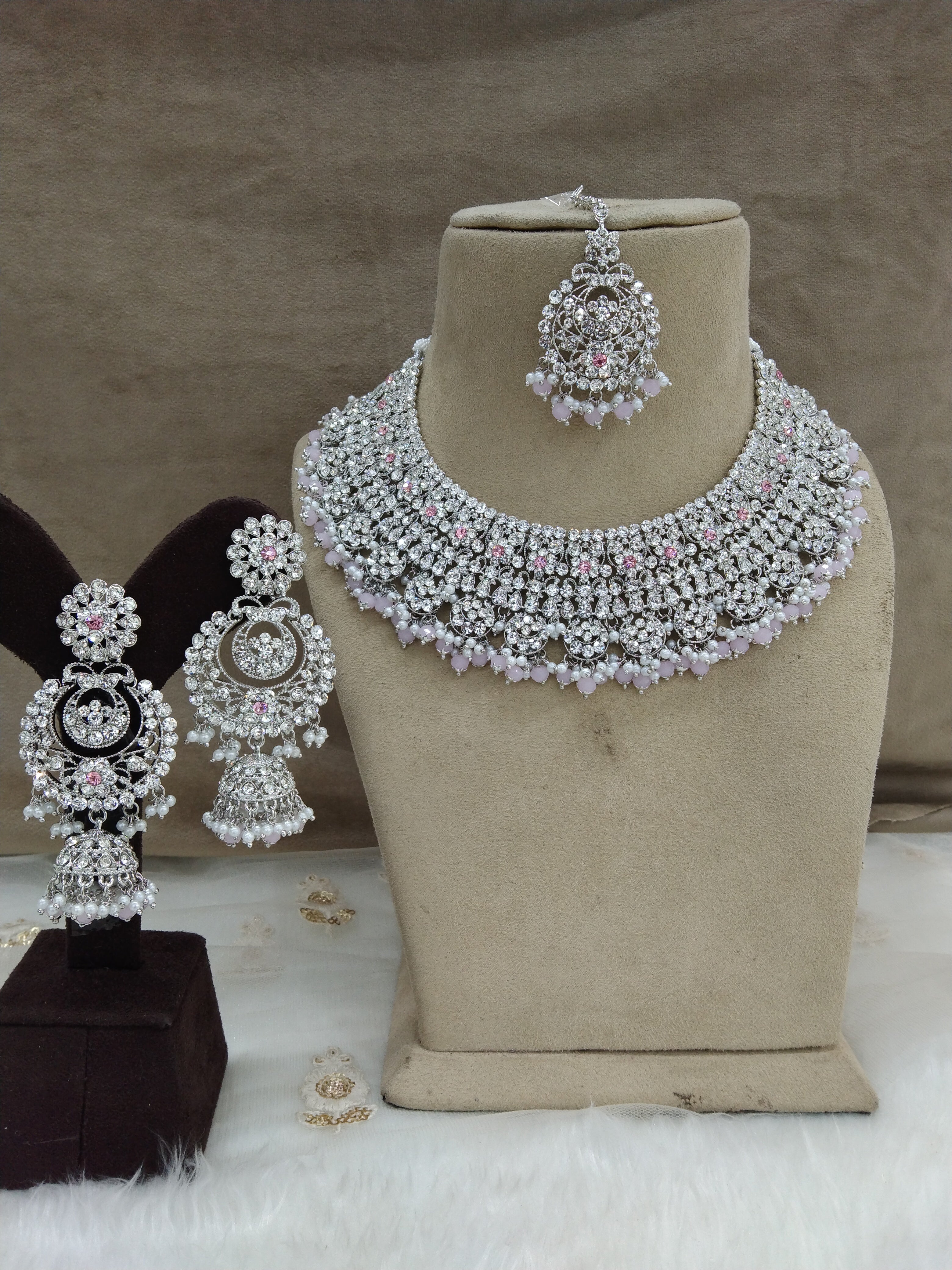 Silver Pink Necklace Set/ Silver pink Indian Bridal perm Jewellery