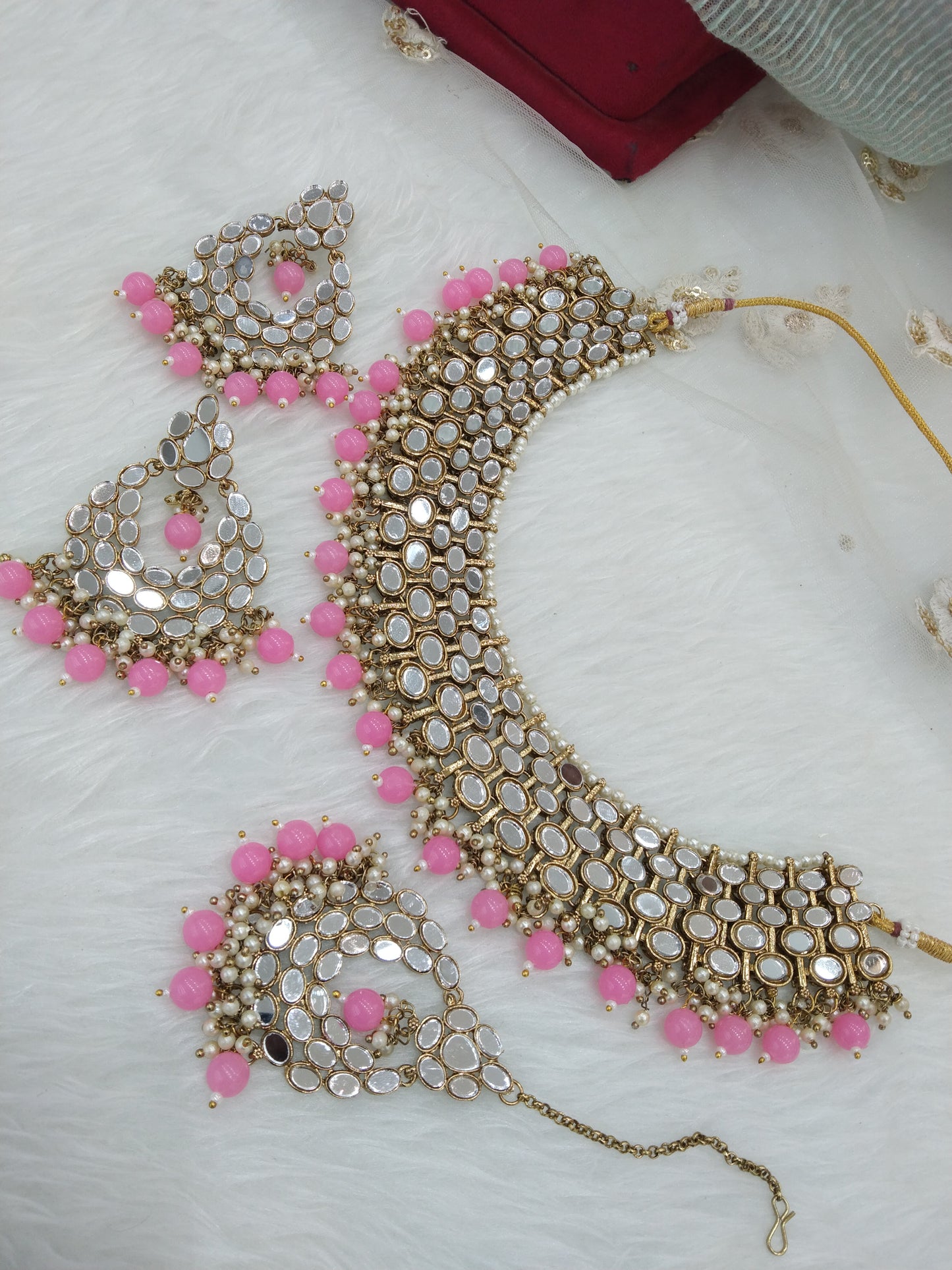 Indian Jewellery Gold mirror Kundan pink Necklace Set/ Bridal Bollywood Wedding Jewellery denish Set