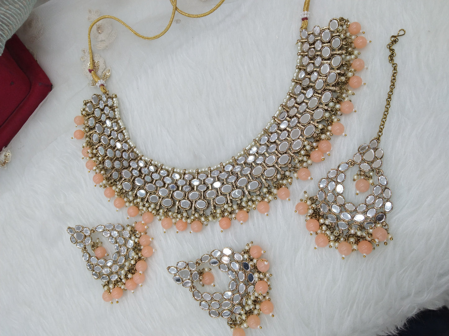 Indian Jewellery Gold mirror Kundan peach Necklace Set/ Bridal Wedding Jewellery denish Set