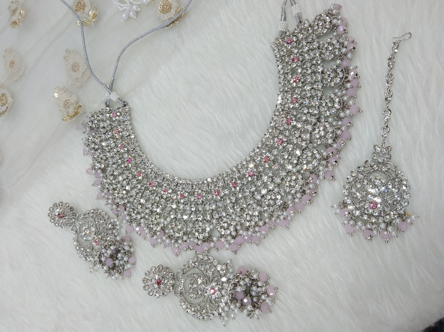 Silver Pink Necklace Set/ Silver pink Indian Bridal perm Jewellery