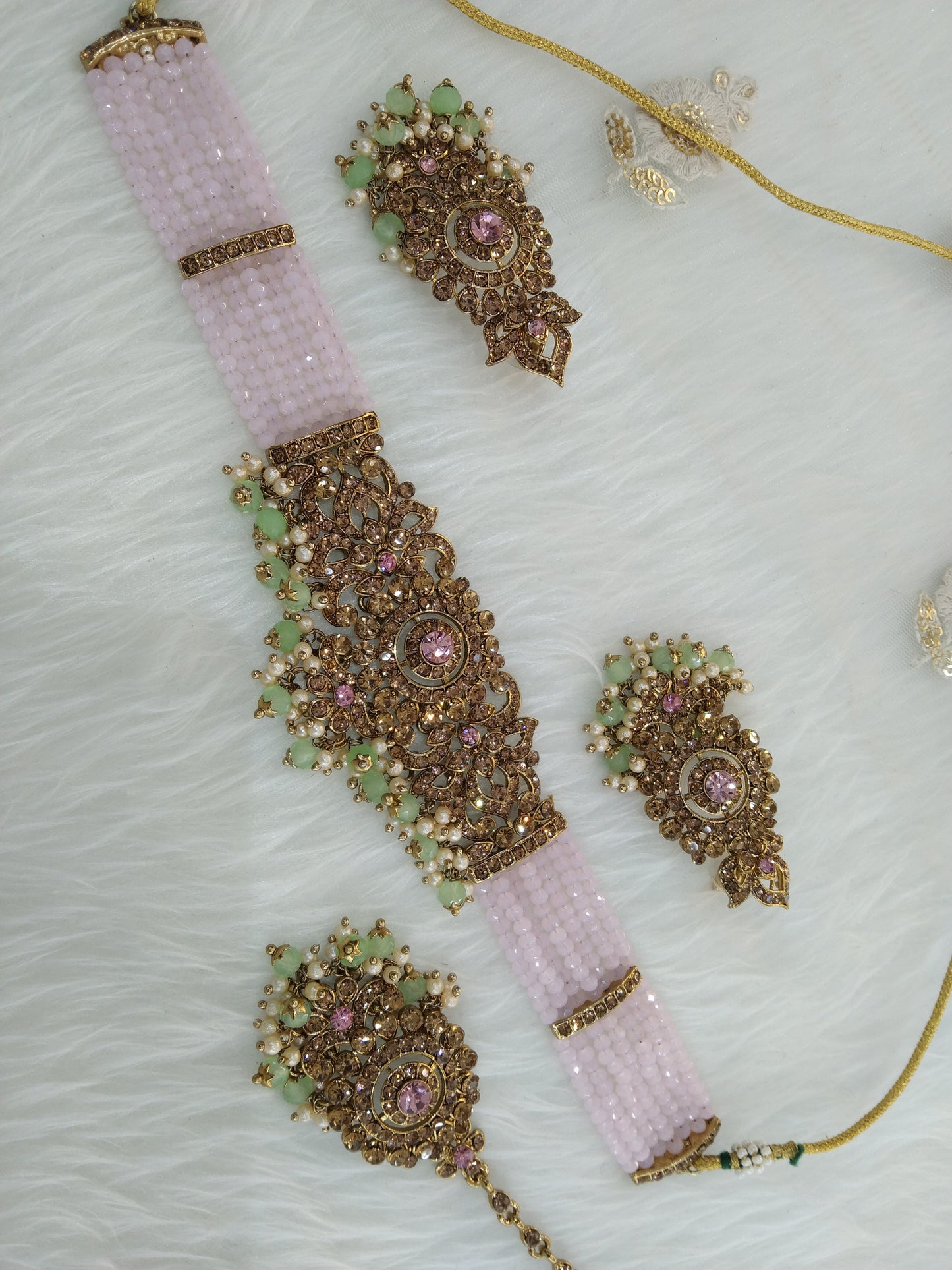 Indian Jewelry/Dark gold pista pink choker necklace Set /Imly Jewellery Set