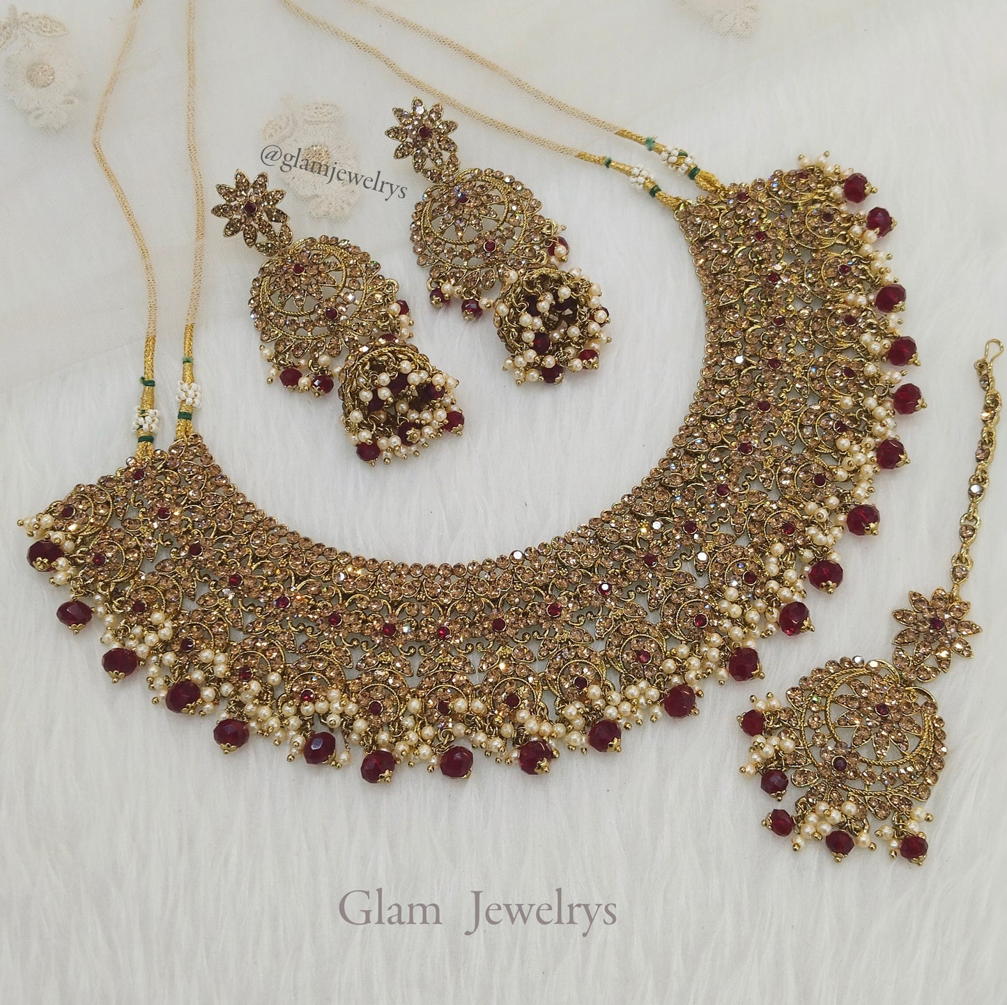Indian Jewellery/Semi bridal gold maroon jewellery necklace set/ necklace darwin Set