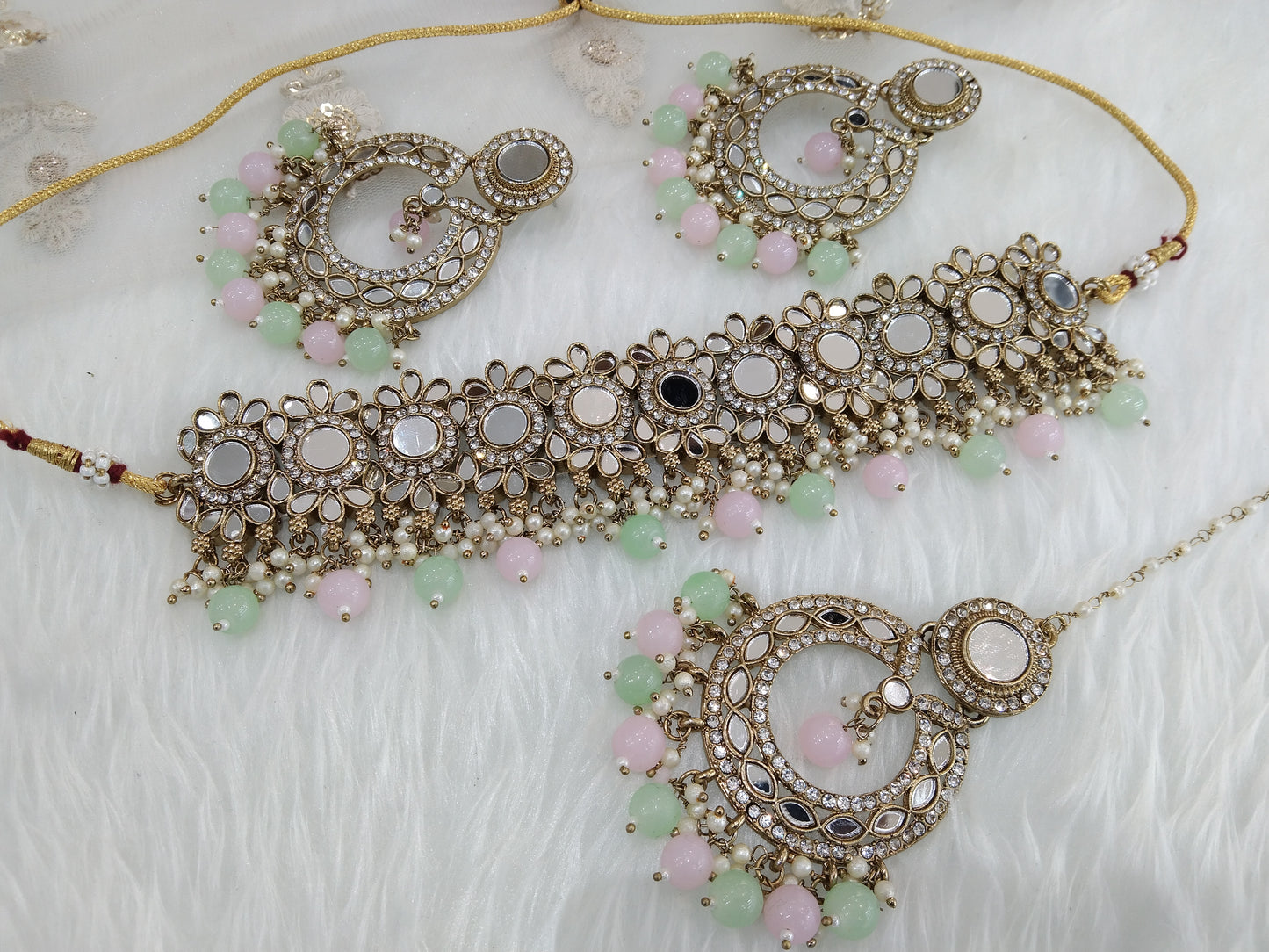 Indian Jewellery mirror Kundan pastel green pink choker Bridal Gold Finish choker line Set