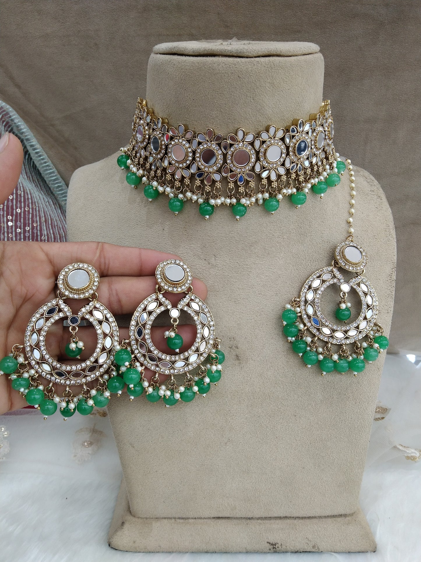 Indian Jewellery mirror Kundan grey choker Bridal Gold Finish choker line Set