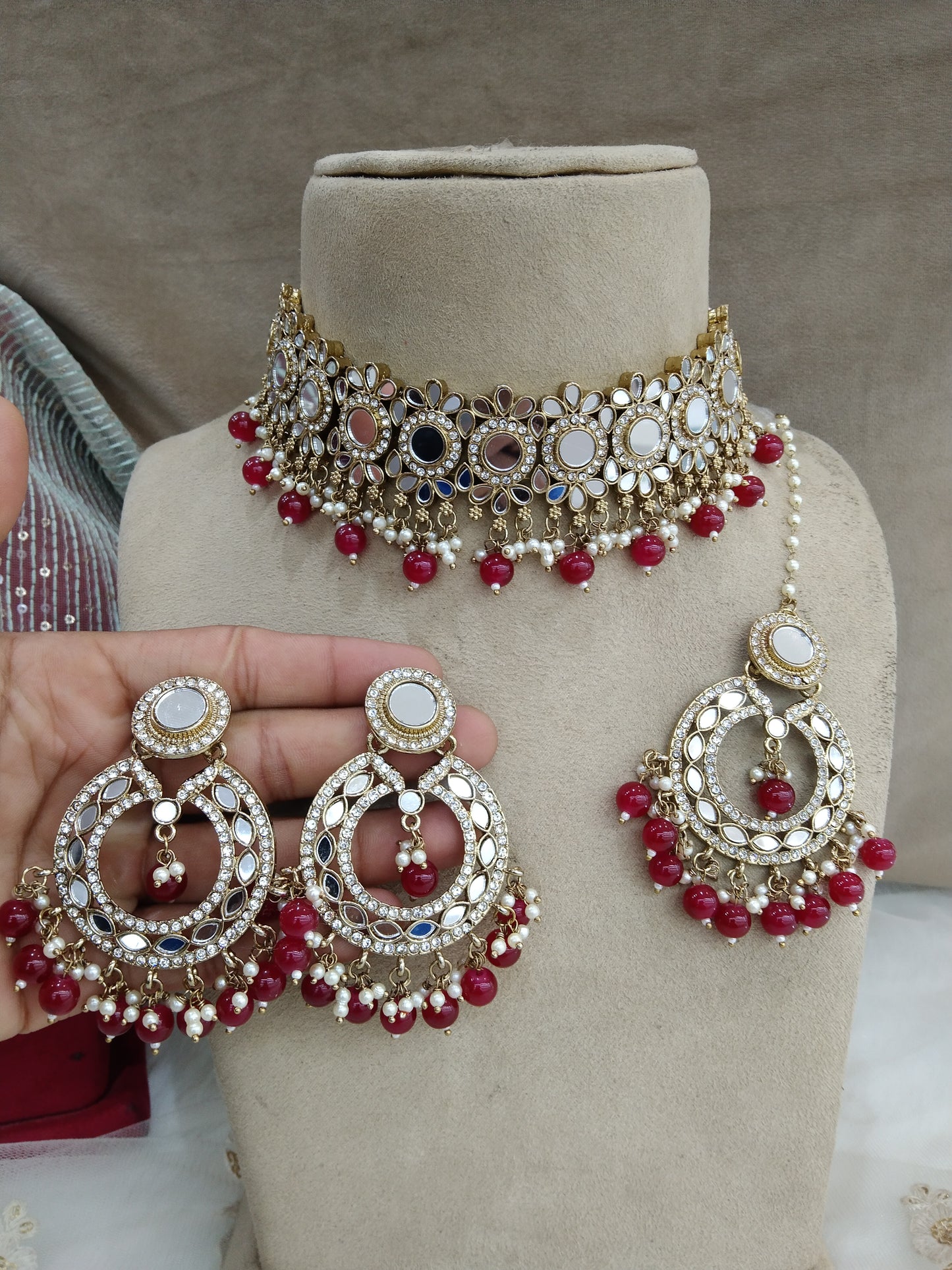 Indian Jewellery mirror Kundan maroon choker Bridal Gold Finish choker line Set