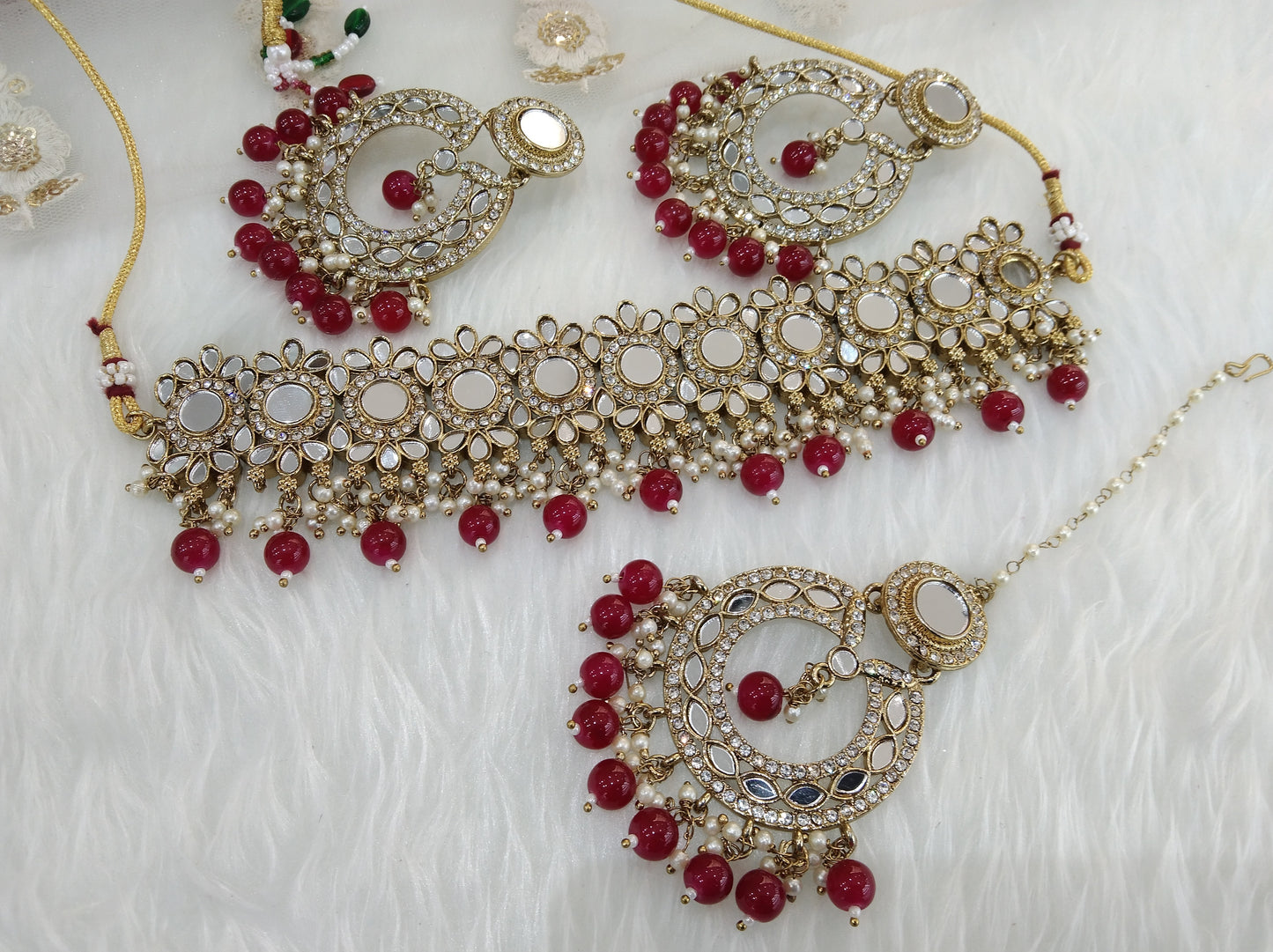 Indian Jewellery mirror Kundan maroon choker Bridal Gold Finish choker line Set