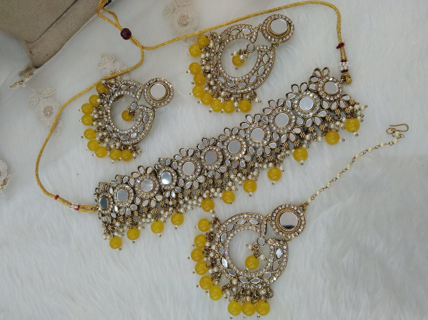 Indian Jewellery mirror Kundan yellow choker Bridal Gold Finish choker line Set