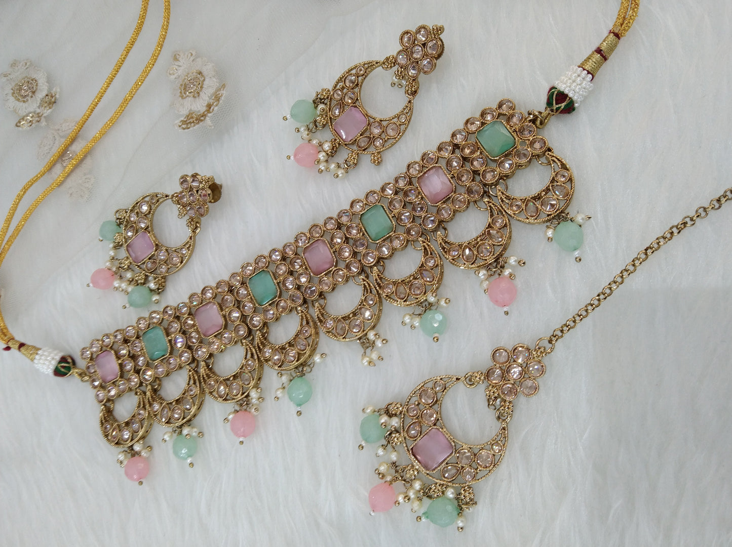 Antique Gold Choker Jewellery Set/ dark gold seagreen pink choker Indian singham Jewellery Online