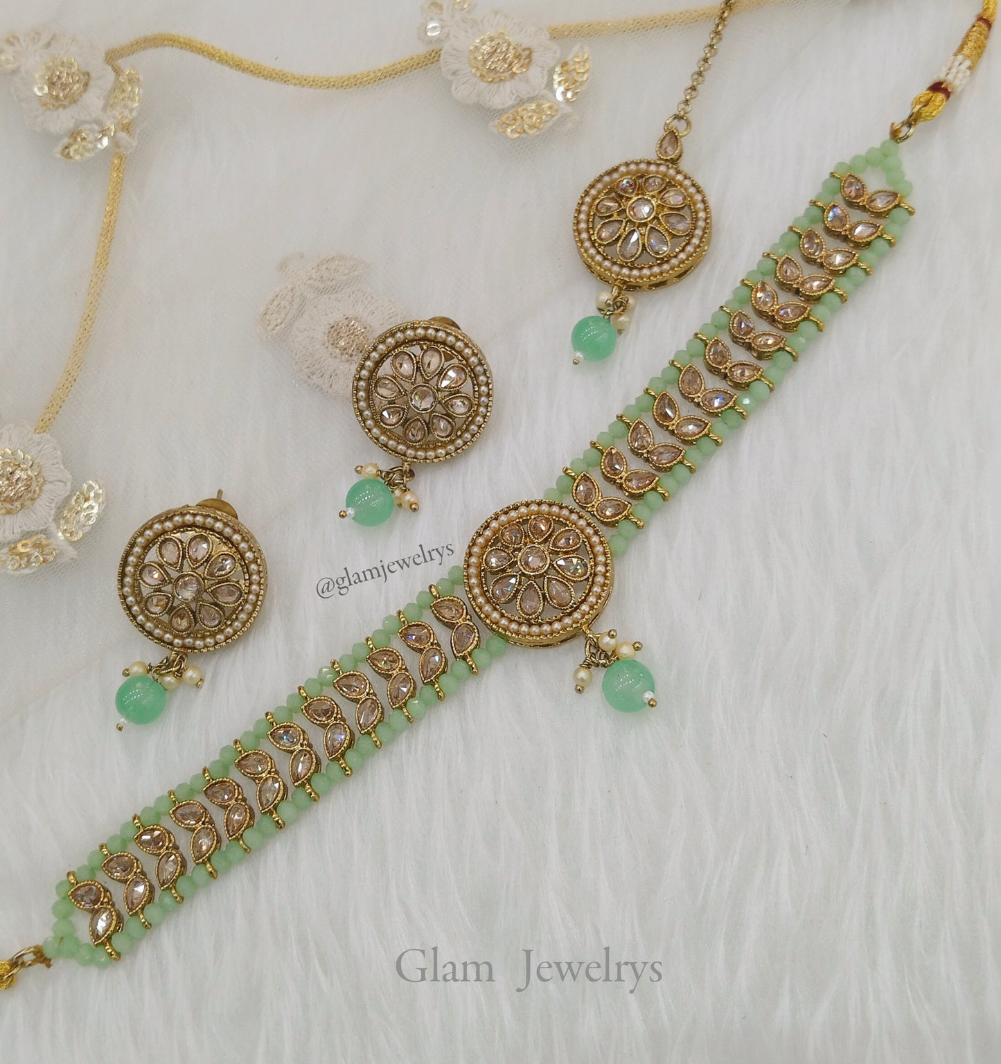 Indian jewellery choker Set/Antique gold pastel green choker studs earrings set/Gold indian rita choker set
