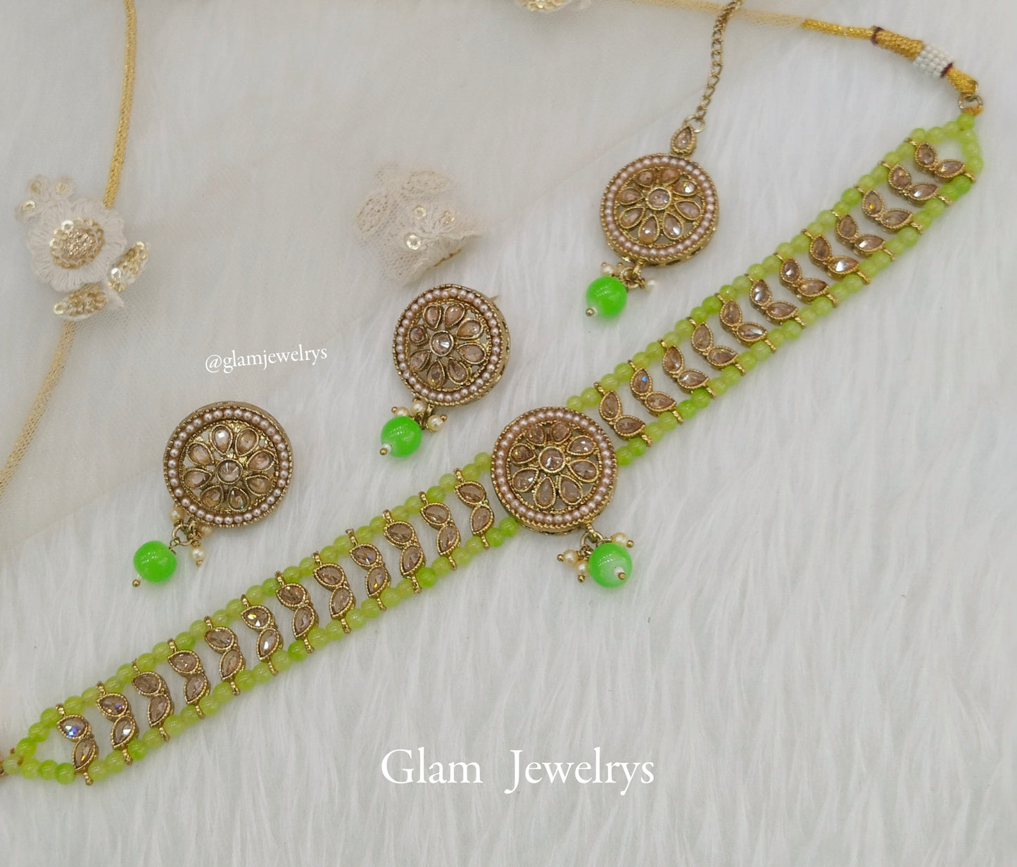 Indian jewellery choker Set/Antique gold neon green choker studs earrings set/Gold indian rita choker set