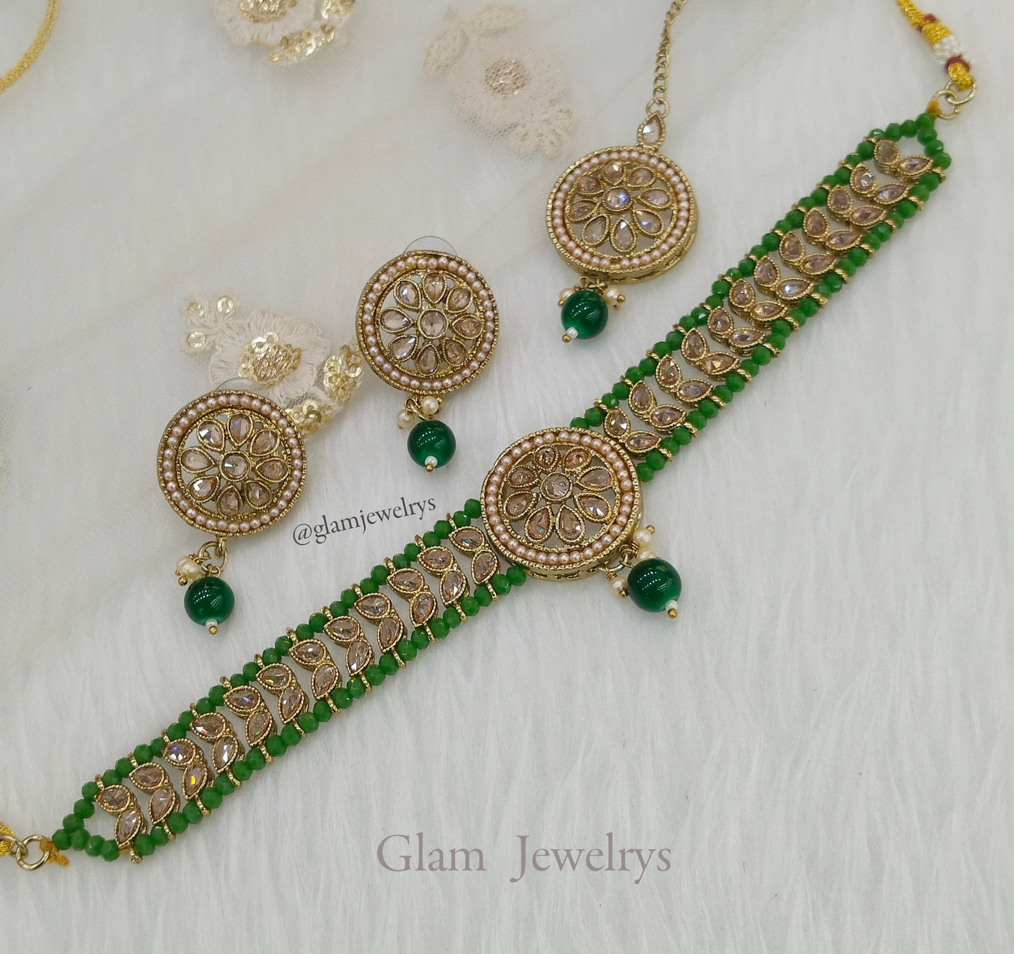 Indian jewellery choker Set/Antique gold green choker studs earrings set/Gold indian rita choker set