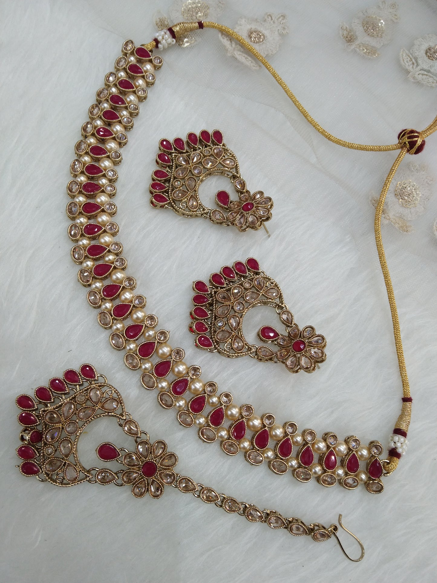 Gold Kundan Necklace Set/ Gold dark pink kundan Indian jewellery kundan rina sets