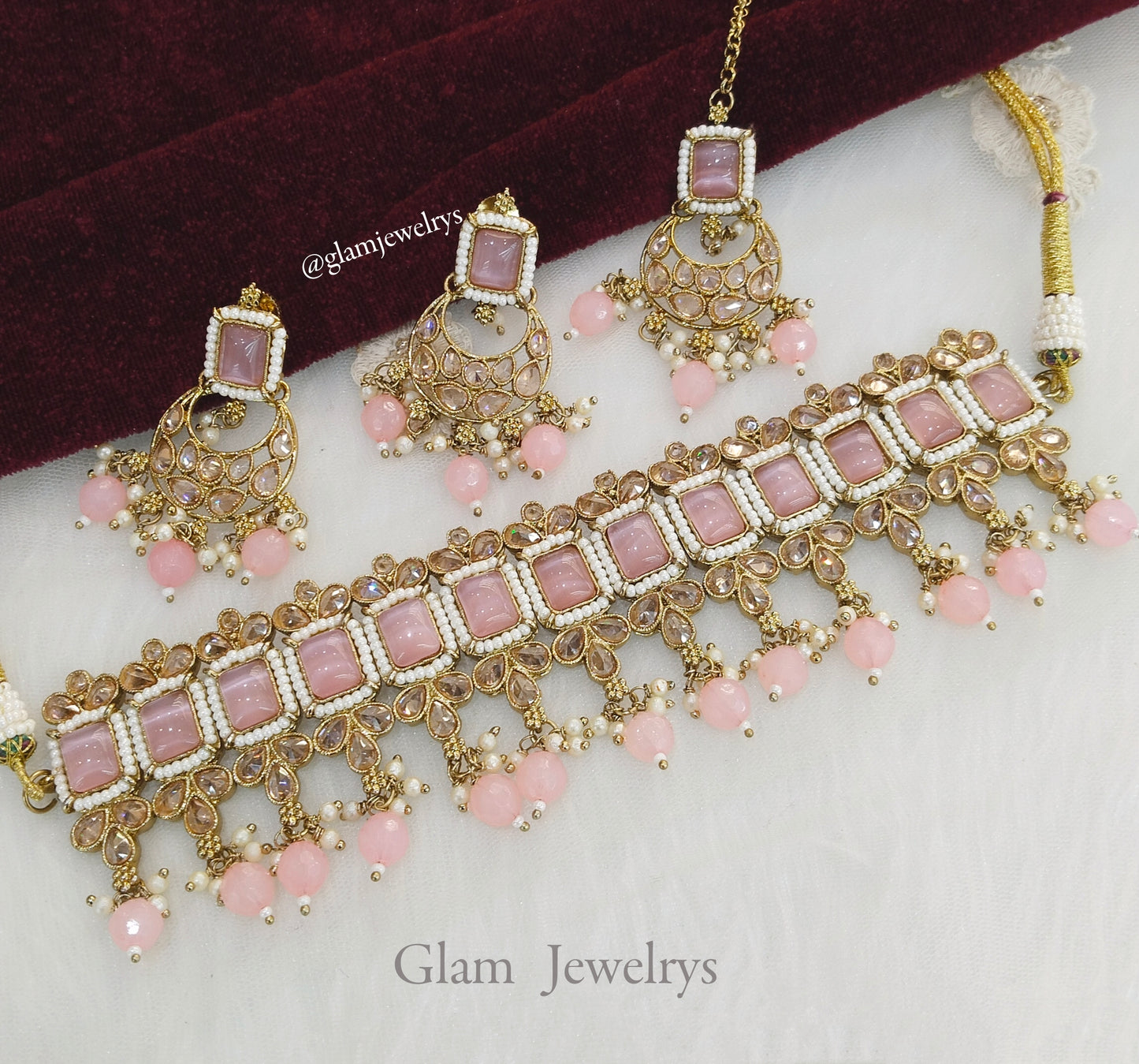 Antique Gold choker Set/ dark gold pink choker Indian sintu Jewellery