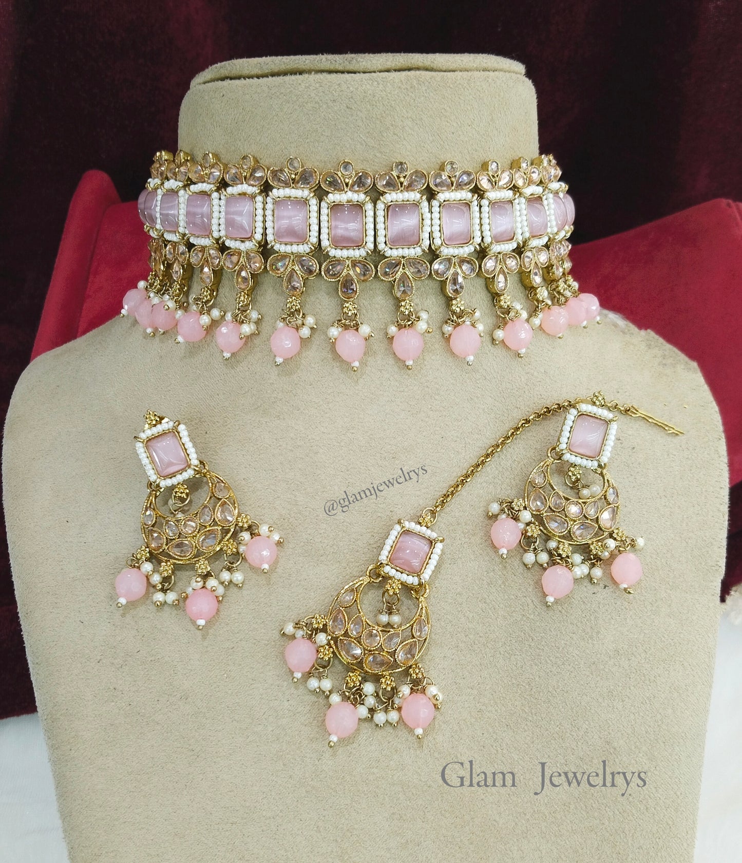 Antique Gold choker Set/ dark gold pink choker Indian sintu Jewellery