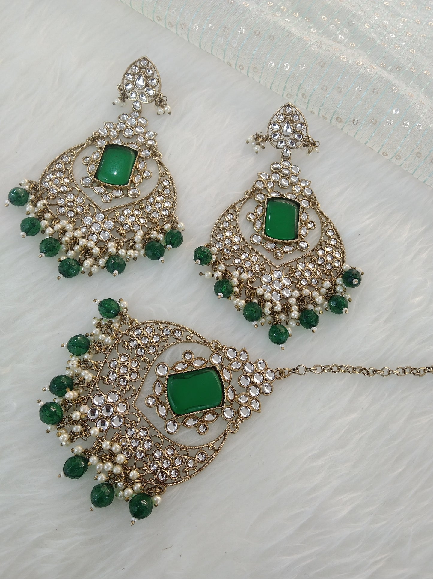 Indian Kundan Earrings Jewellery/Green Kundan Earrings tikka set/ bollywood Earrings say Set
