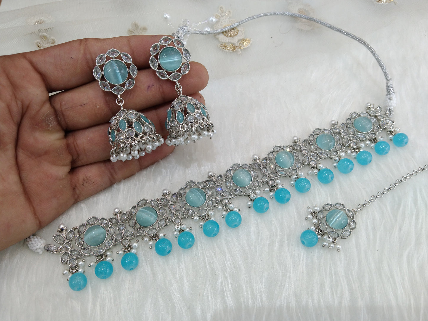 Indian jewellery choker set/Rhodium finish silver sky blue choker set bridal bendigo jewellery