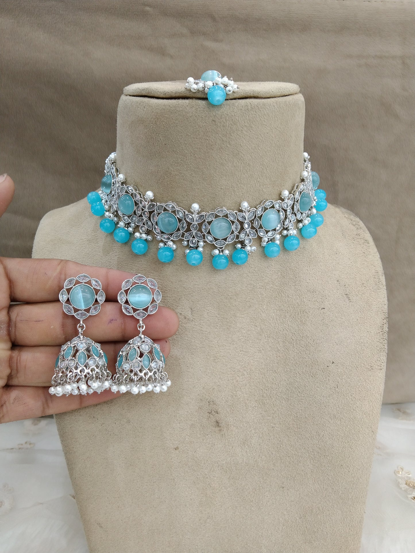 Indian jewellery choker set/Rhodium finish silver sky blue choker set bridal bendigo jewellery