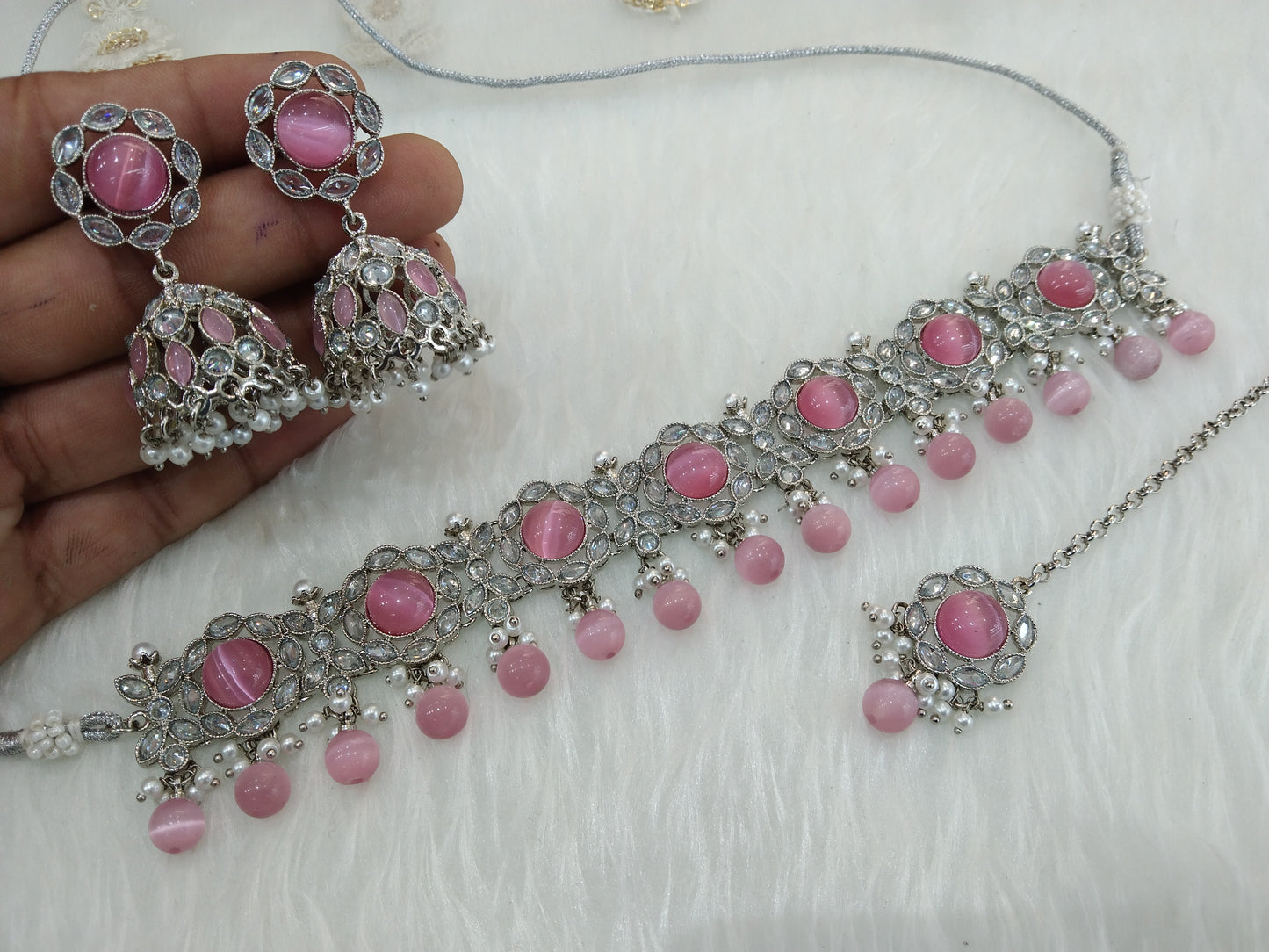 Indian jewellery choker set/Rhodium finish silver gajjri pink choker set bridal bendigo jewellery