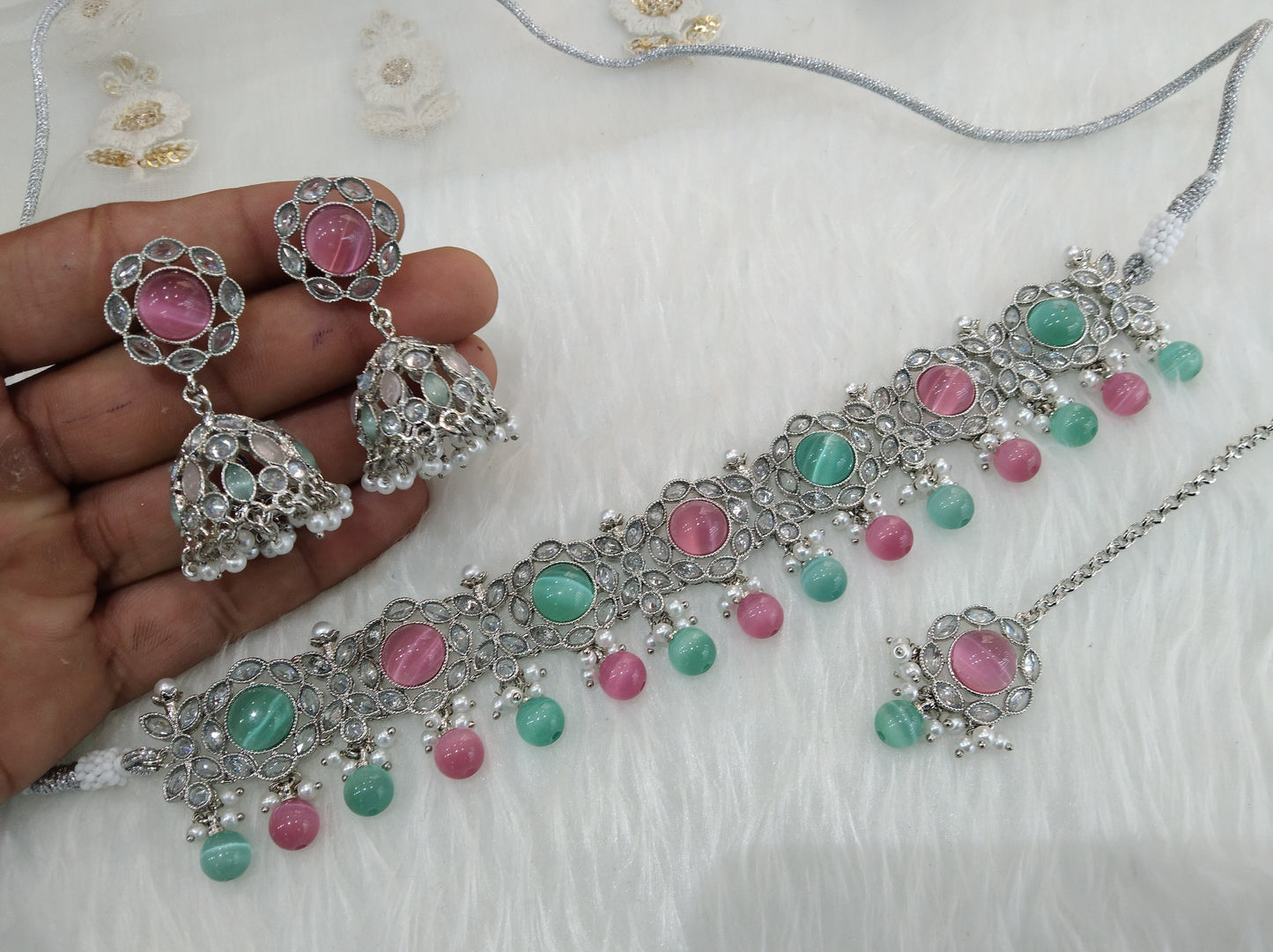 Indian jewellery choker set/Rhodium finish silver seagreen pink choker set bridal bendigo jewellery