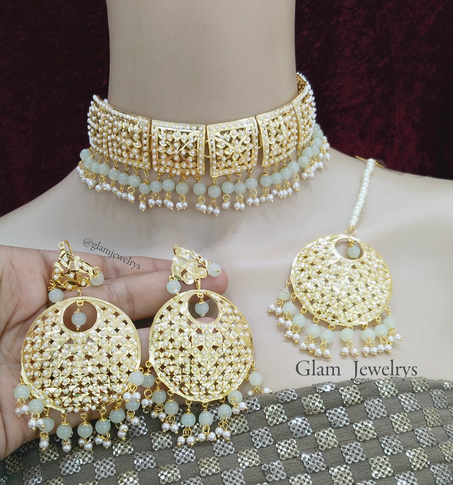 Choker Set/Jadau Gold Indian pink mint Choker Set/ Punjabi Indian sapna Jewellery