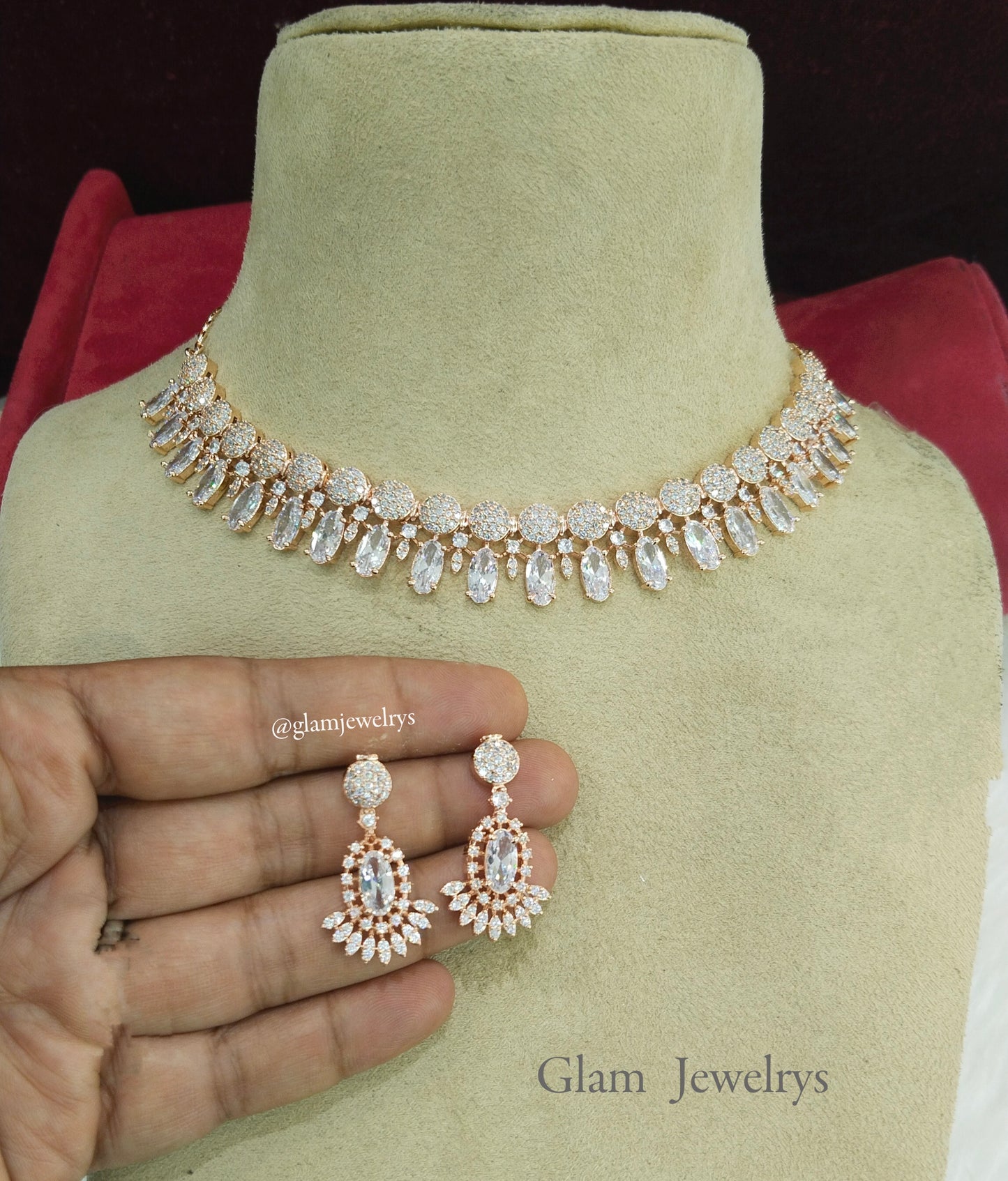 American Diamond necklace earrings set, rose gold bollywood ava bridal necklace earrings jewellery statement necklace set
