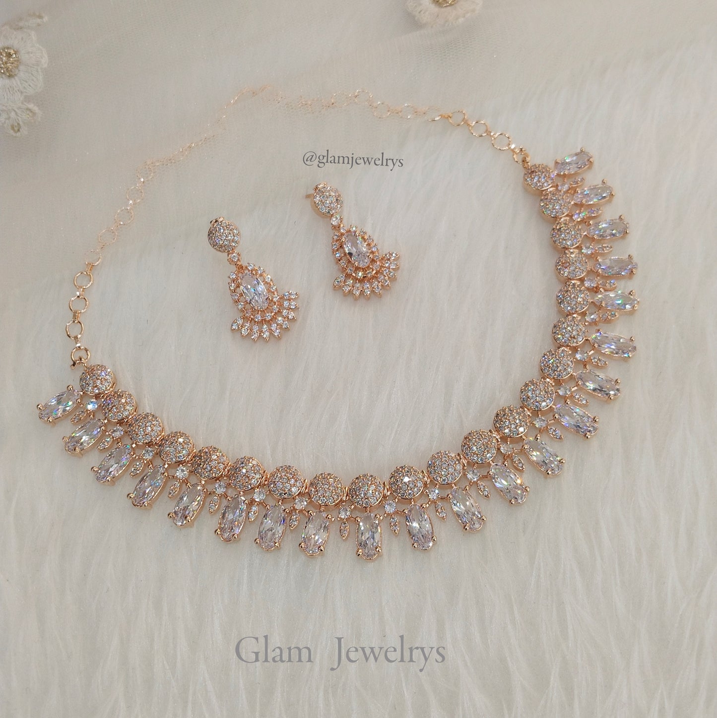 American Diamond necklace earrings set, rose gold bollywood ava bridal necklace earrings jewellery statement necklace set