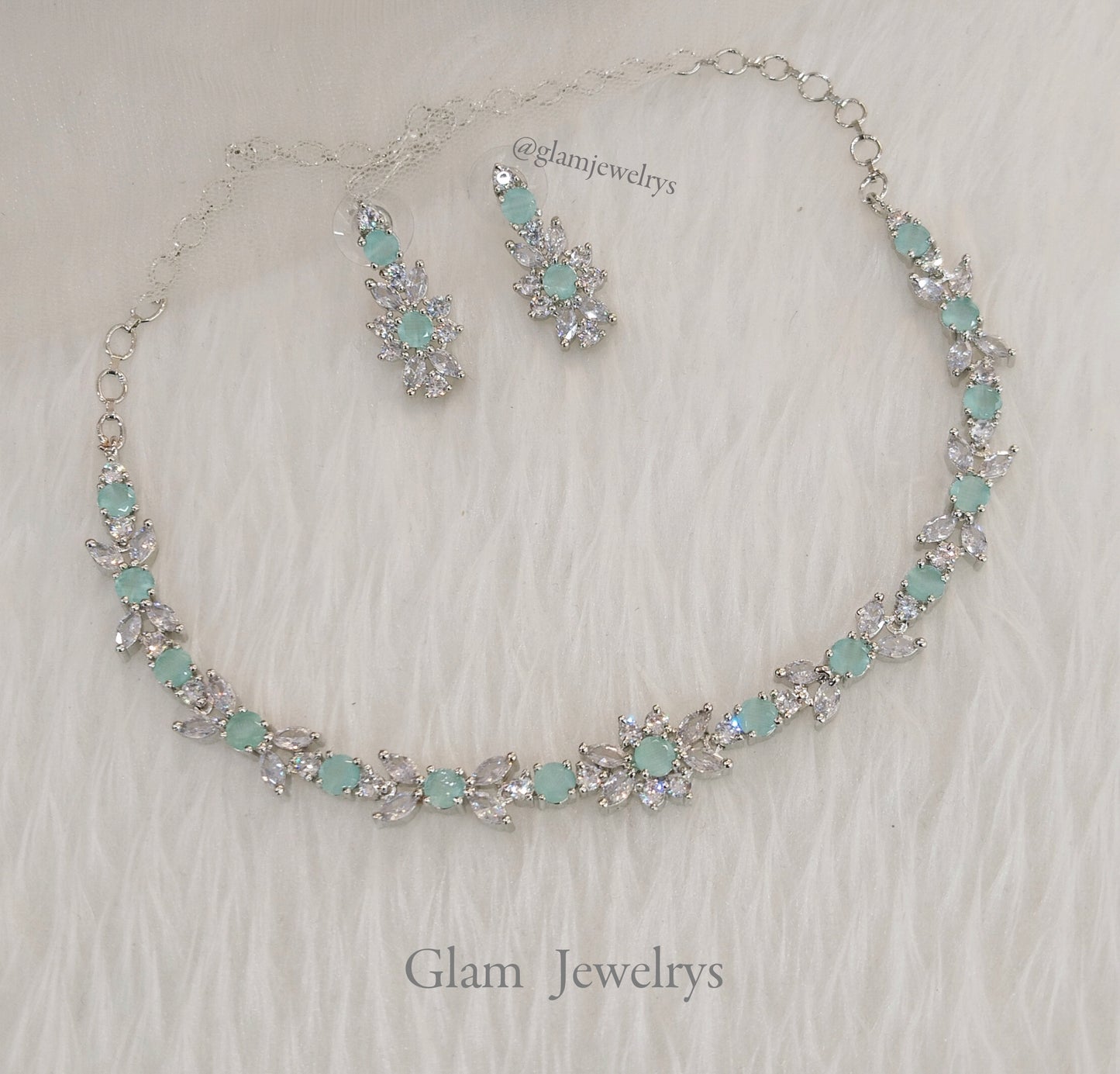 American Diamond Necklace Jewellery set, silver sea green bridal necklace earrings necklace set CZ frisco necklace set
