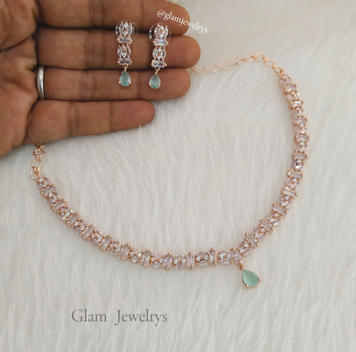 Cubic zirconia diamond Jewellery Necklace set, rose seagreen bridal necklace set CZ dilpreet necklace set